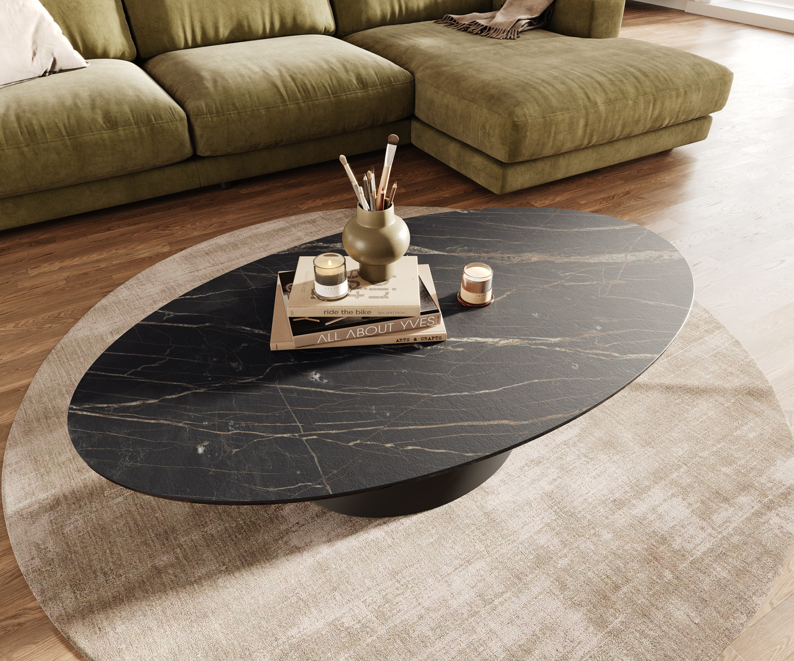 Dohányzóasztal Edge ovális 140x80 cm Laminam® kerámia Noir Desir barna Conis fém fekete - Image 4