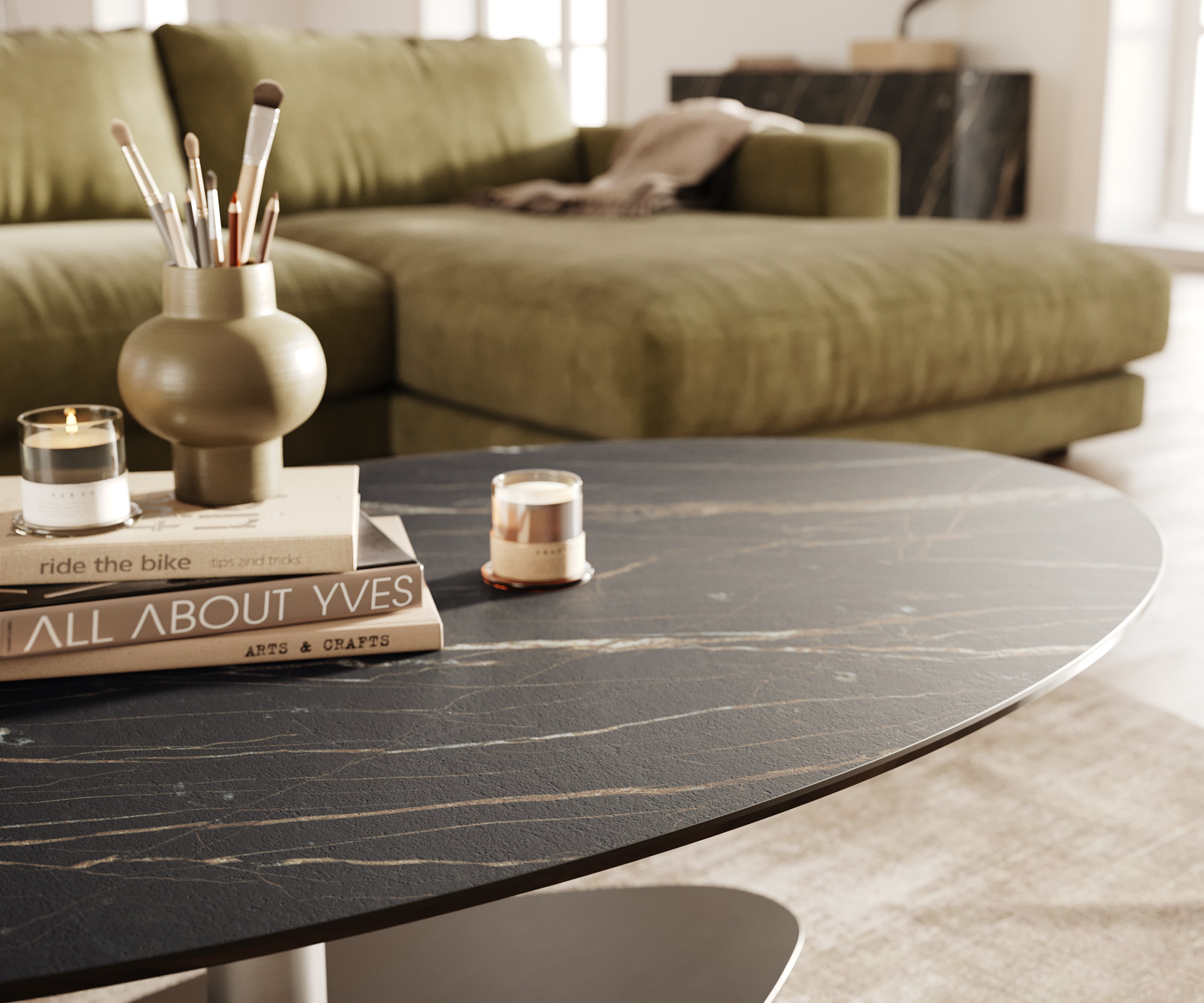 Dohányzóasztal Edge ovális 140x80 cm Laminam® kerámia Noir Desir barna Vibany szálcsiszolt rozsdamentes acél - Image 6