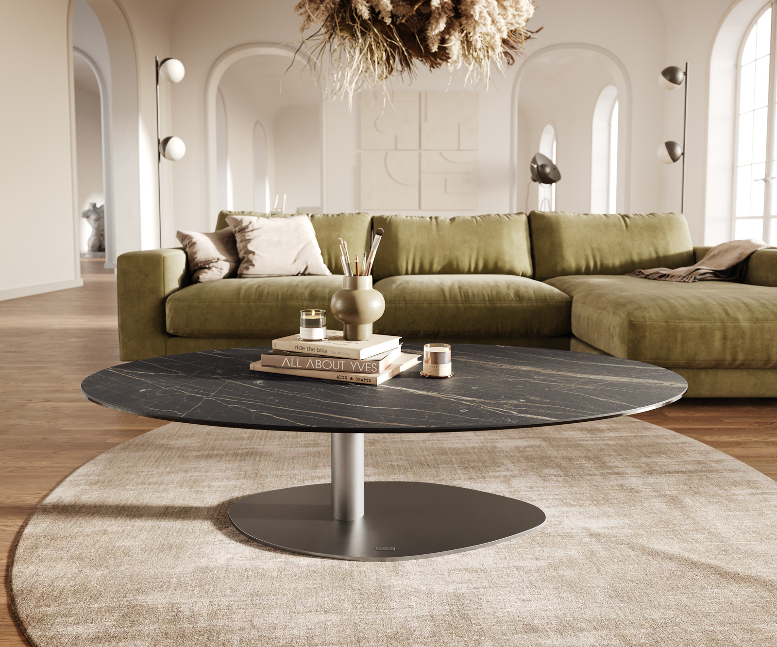 Dohányzóasztal Edge ovális 140x80 cm Laminam® kerámia Noir Desir barna Vibany szálcsiszolt rozsdamentes acél - Image 2