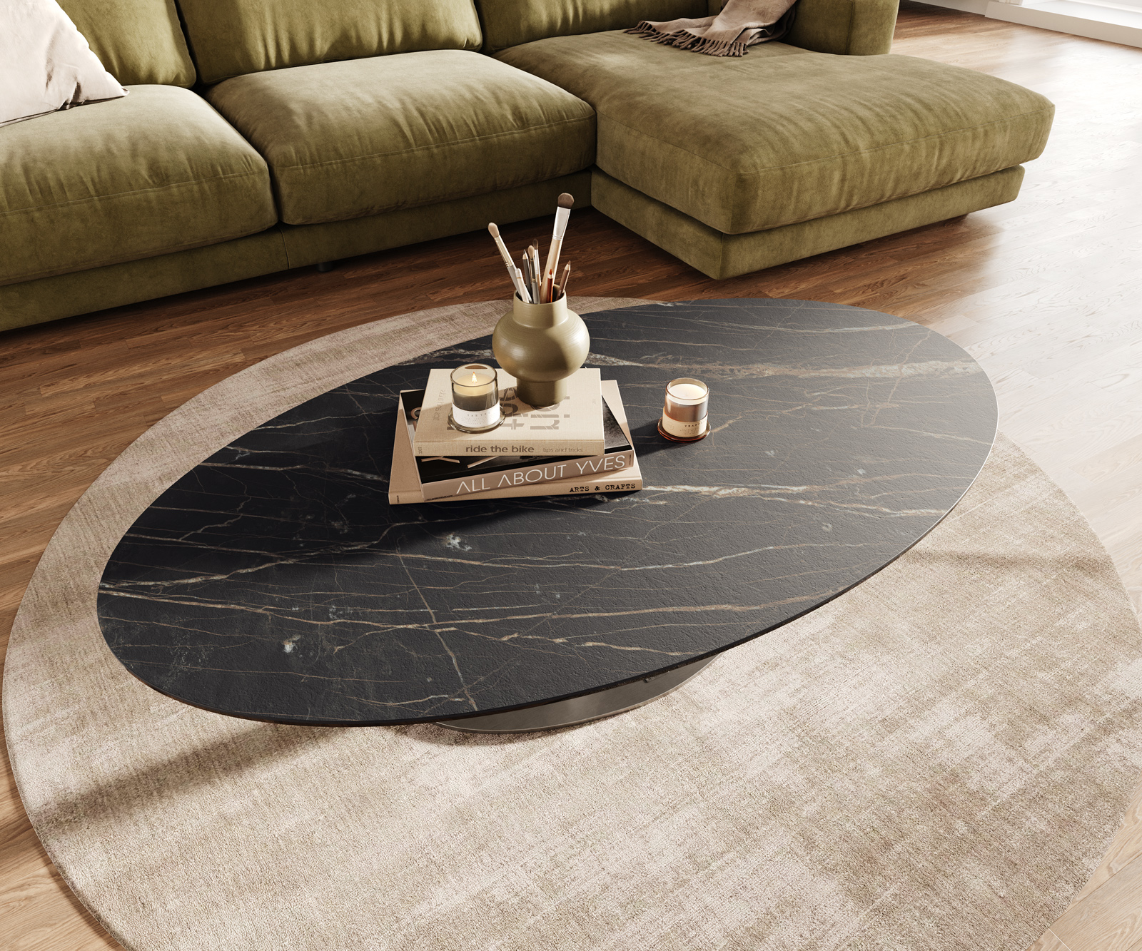 Dohányzóasztal Edge ovális 140x80 cm Laminam® kerámia Noir Desir barna Vibany szálcsiszolt rozsdamentes acél - Image 4