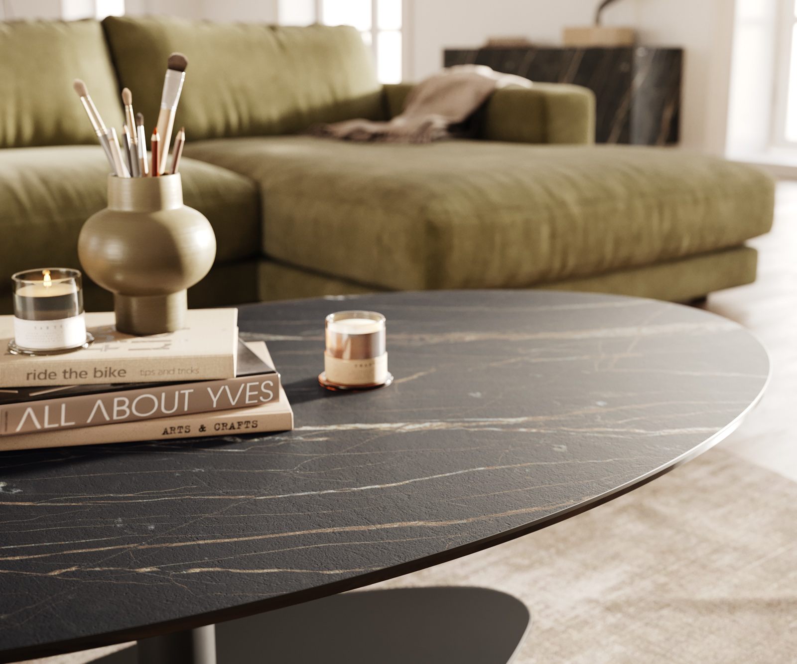 Dohányzóasztal Edge ovális 140x80 cm Laminam® kerámia Noir Desir barna Vibany fém fekete - Image 6