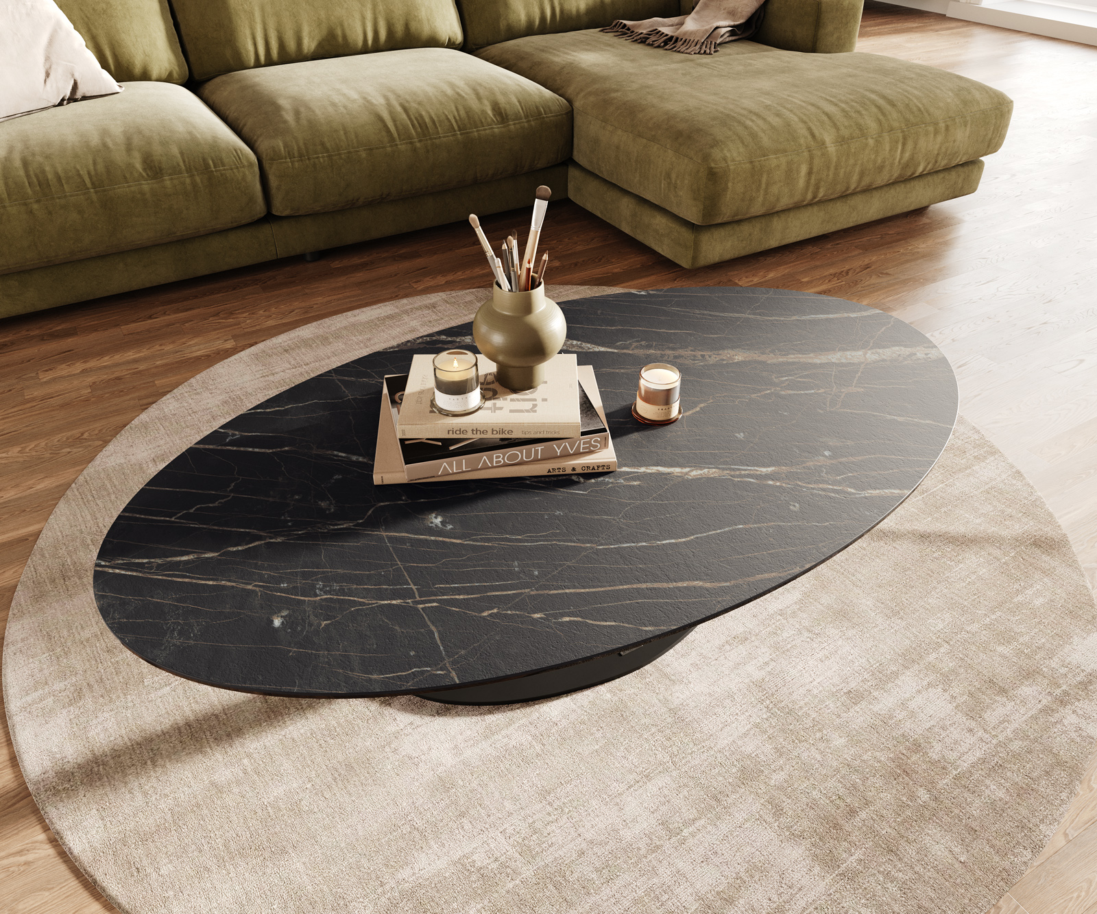 Dohányzóasztal Edge ovális 140x80 cm Laminam® kerámia Noir Desir barna Vibany fém fekete - Image 4