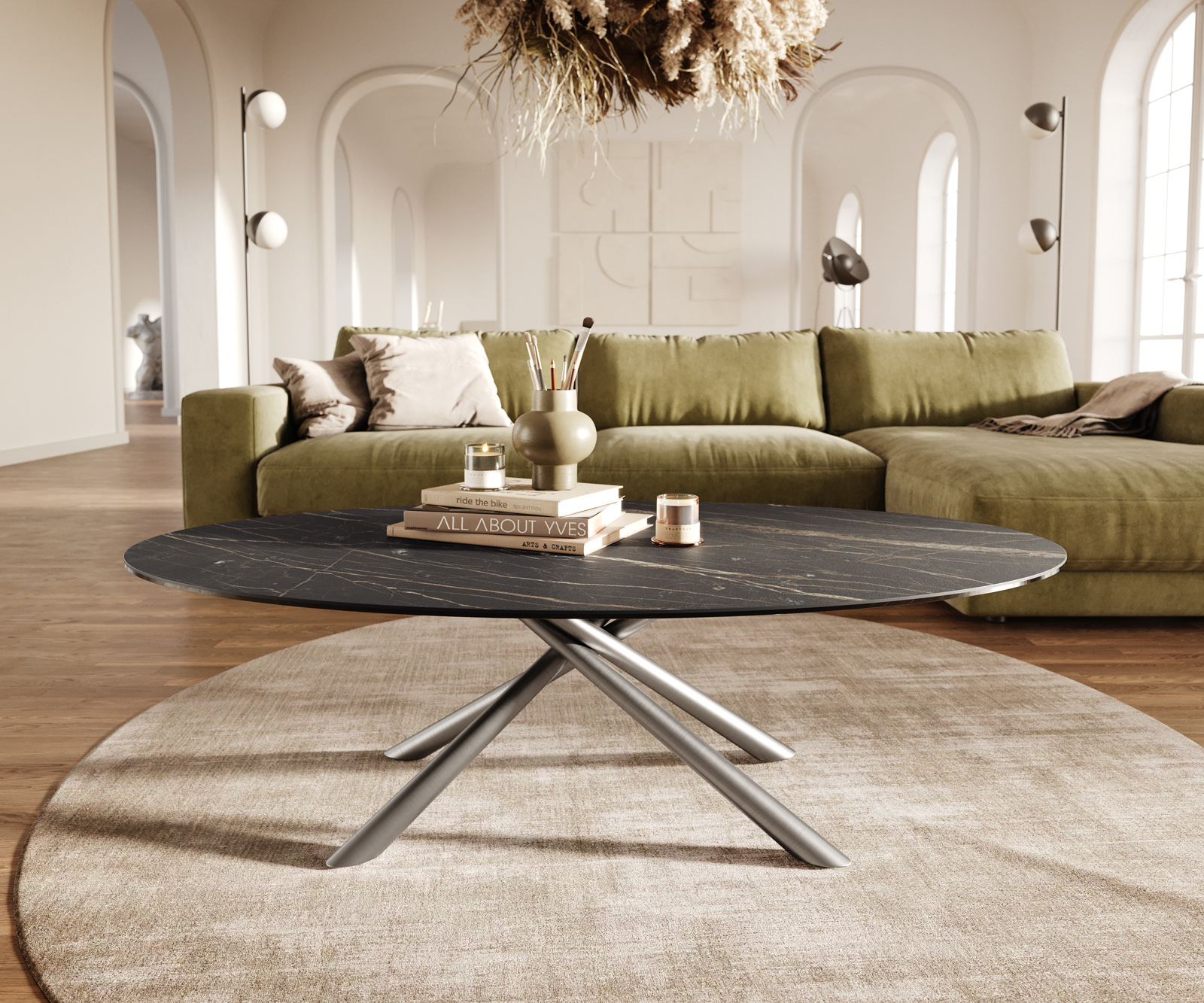 Dohányzóasztal Edge ovális 140x80 cm Laminam® kerámia Noir Desir barna szálcsiszolt rozsdamentes acél - Image 2