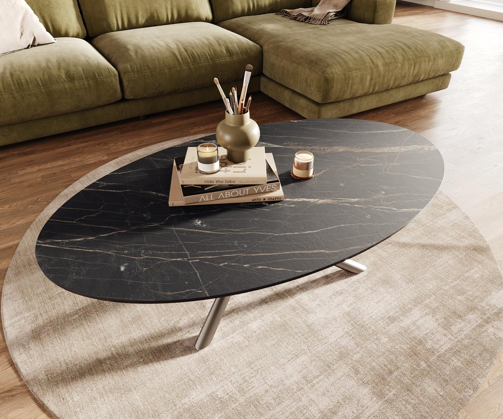 Dohányzóasztal Edge ovális 140x80 cm Laminam® kerámia Noir Desir barna szálcsiszolt rozsdamentes acél - Image 4