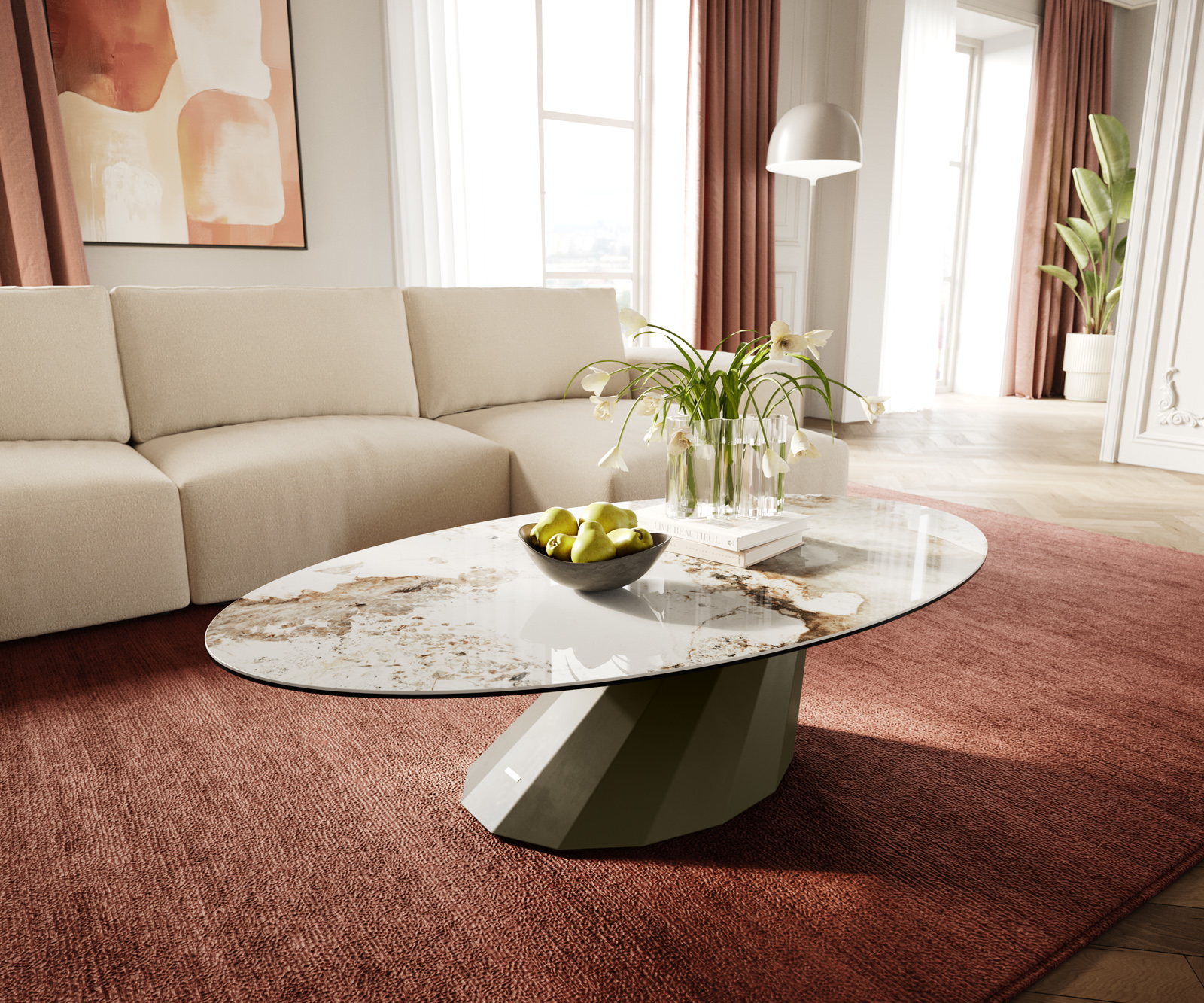 Dohányzóasztal Edge ovális 140x80 cm kerámia Minas melange Parabi fém titán színű effektfinish