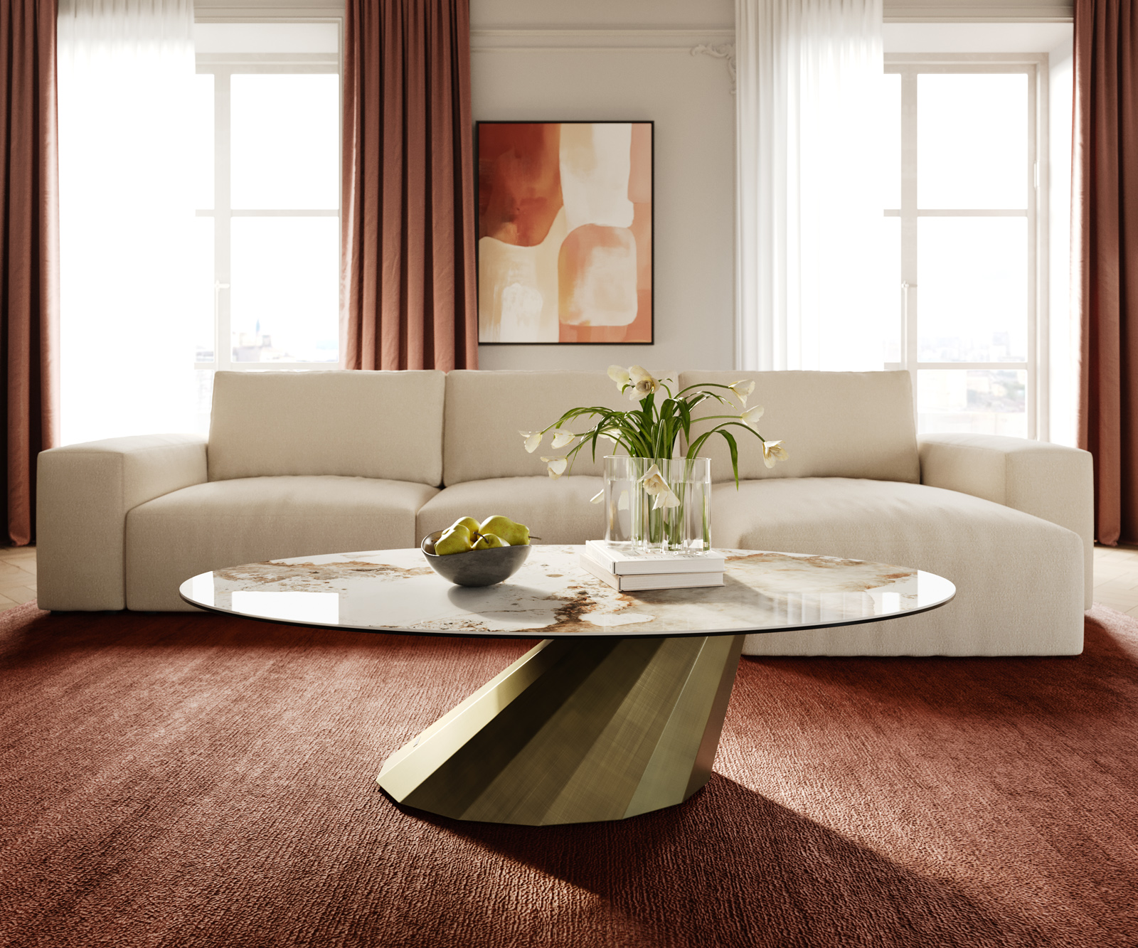 Dohányzóasztal Edge ovális 140x80 cm kerámia Minas melange Parabi metál arany - Image 2