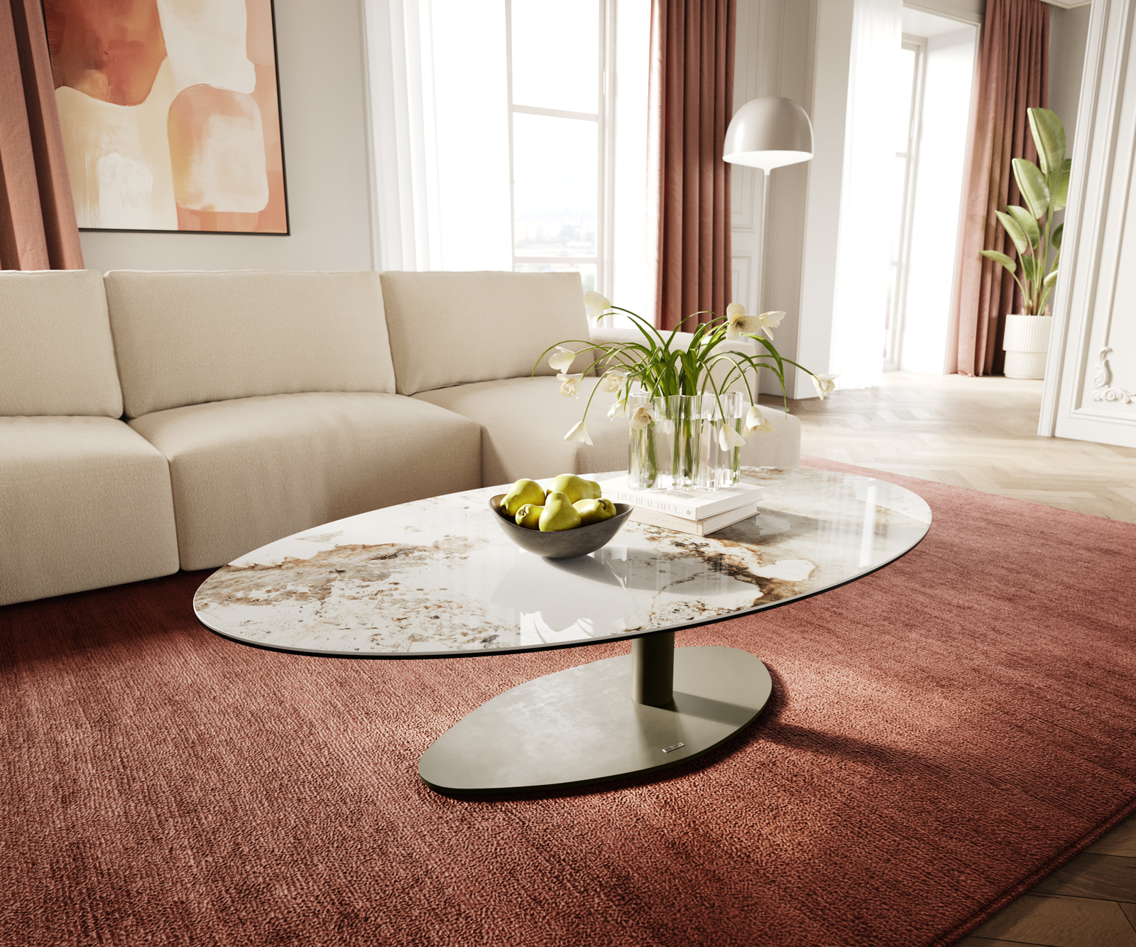 Dohányzóasztal Edge ovális 140x80 cm kerámia Minas Melange Vibany fém titán színű effektfinish