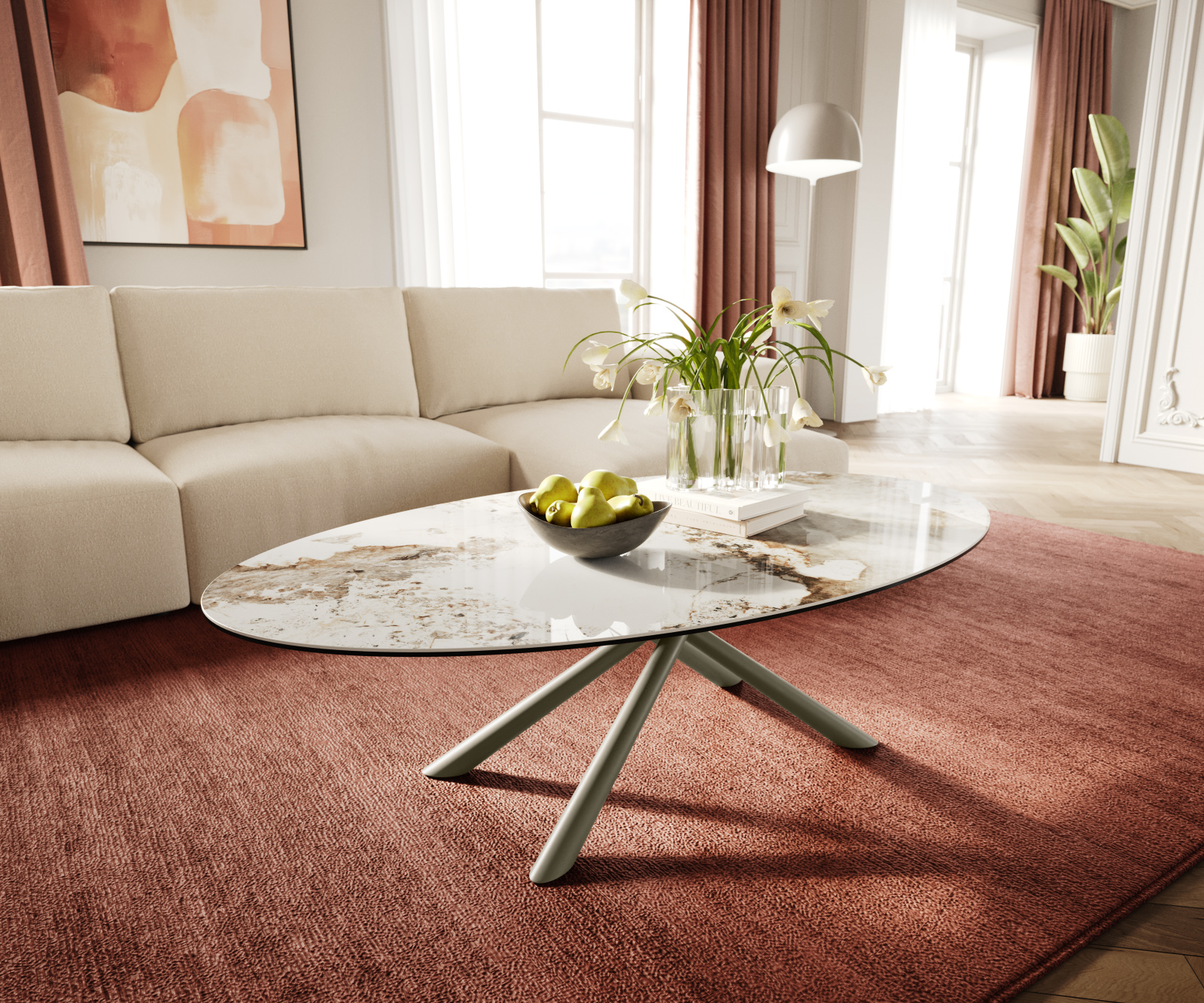 Dohányzóasztal Edge ovális 140x80 cm kerámia Minas Melange Sarity fém titán színű effektfinish