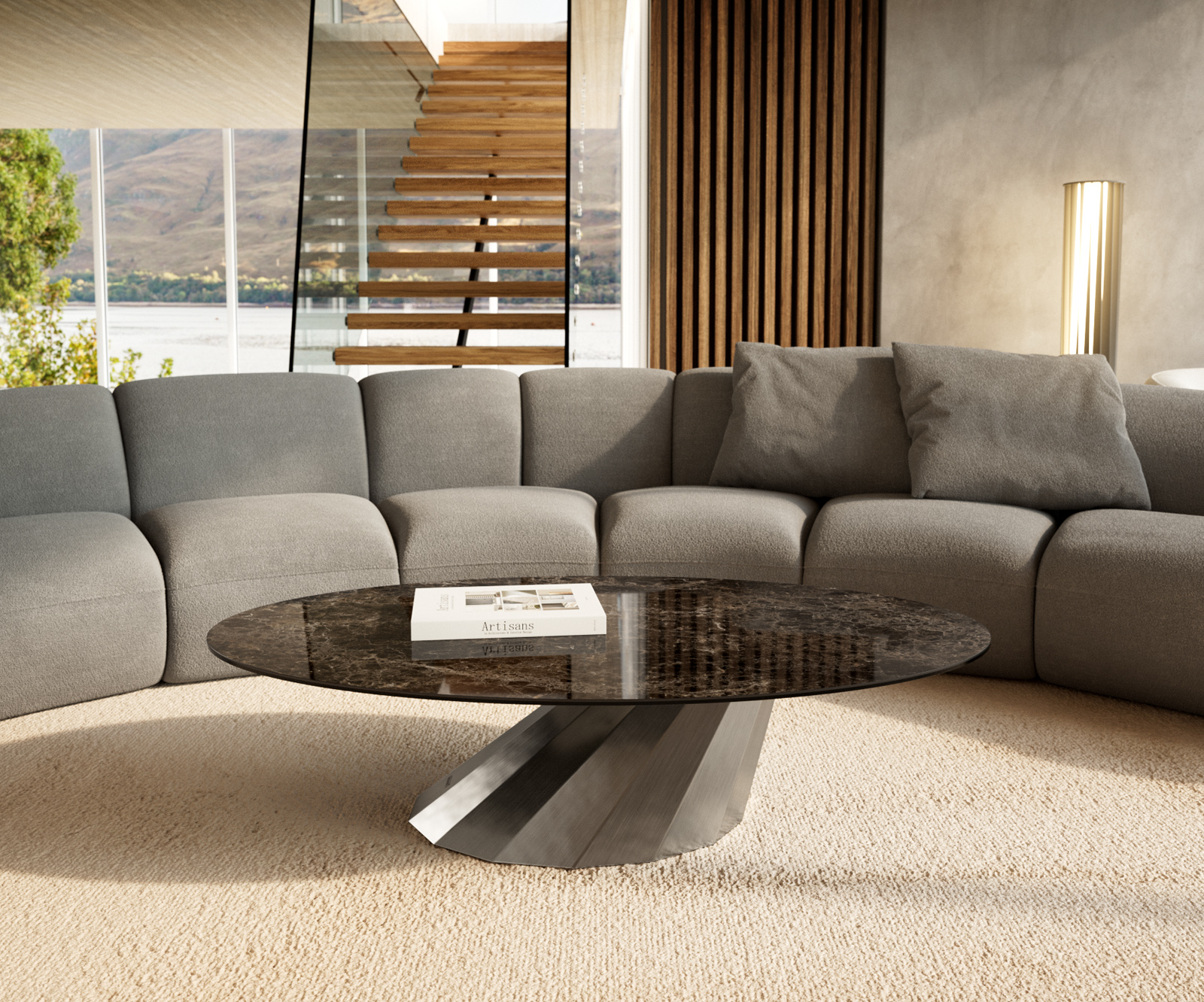 Dohányzóasztal Edge ovális 140x80 cm kerámia Laminam® Emperador Extra Lucidato sötétbarna Parabi rozsdamentes acél szálcsiszolt - Image 2