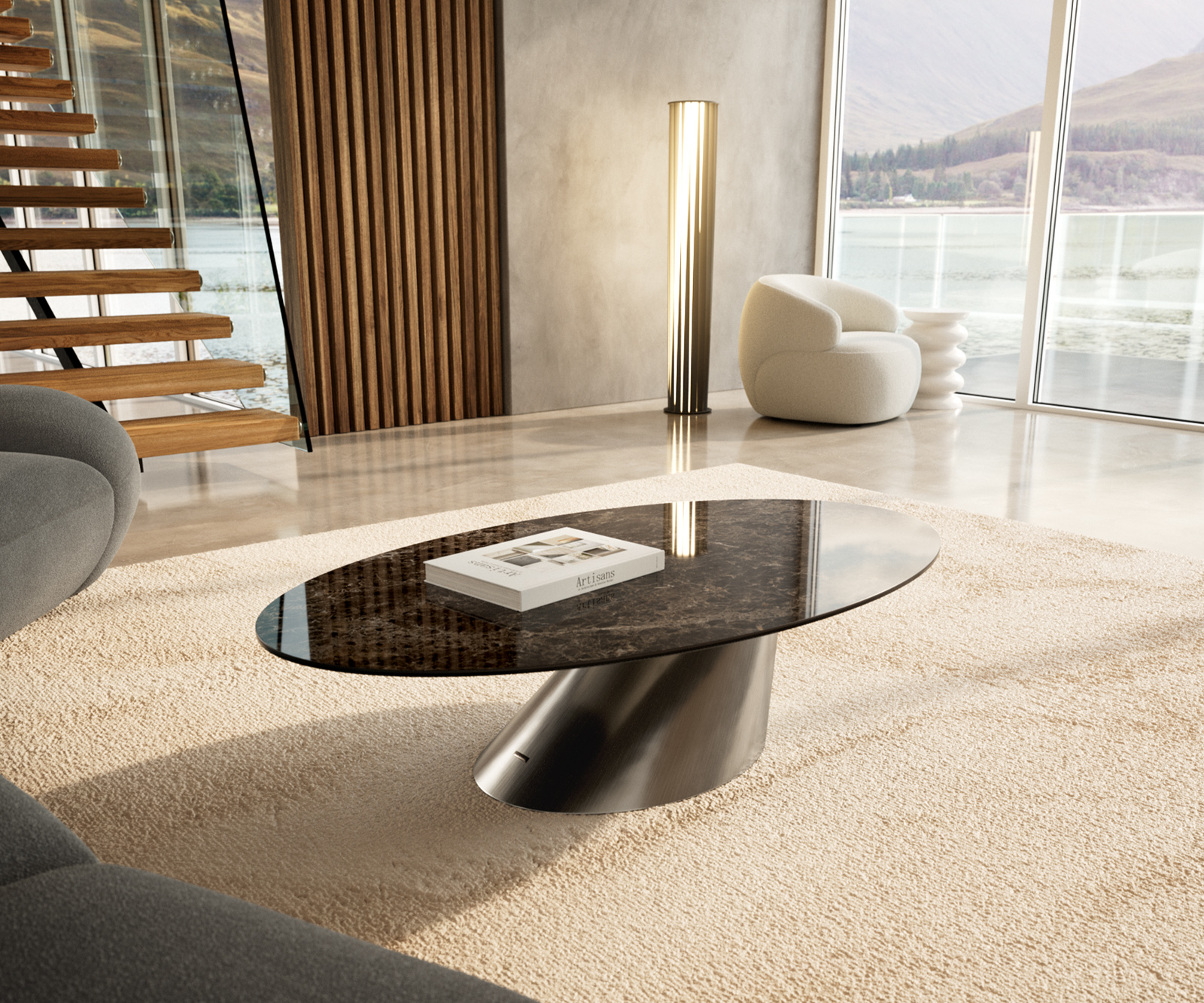 Dohányzóasztal Edge ovális 140x80 cm kerámia Laminam® Emperador Extra Lucidato sötétbarna kúpos rozsdamentes acél szálcsiszolt