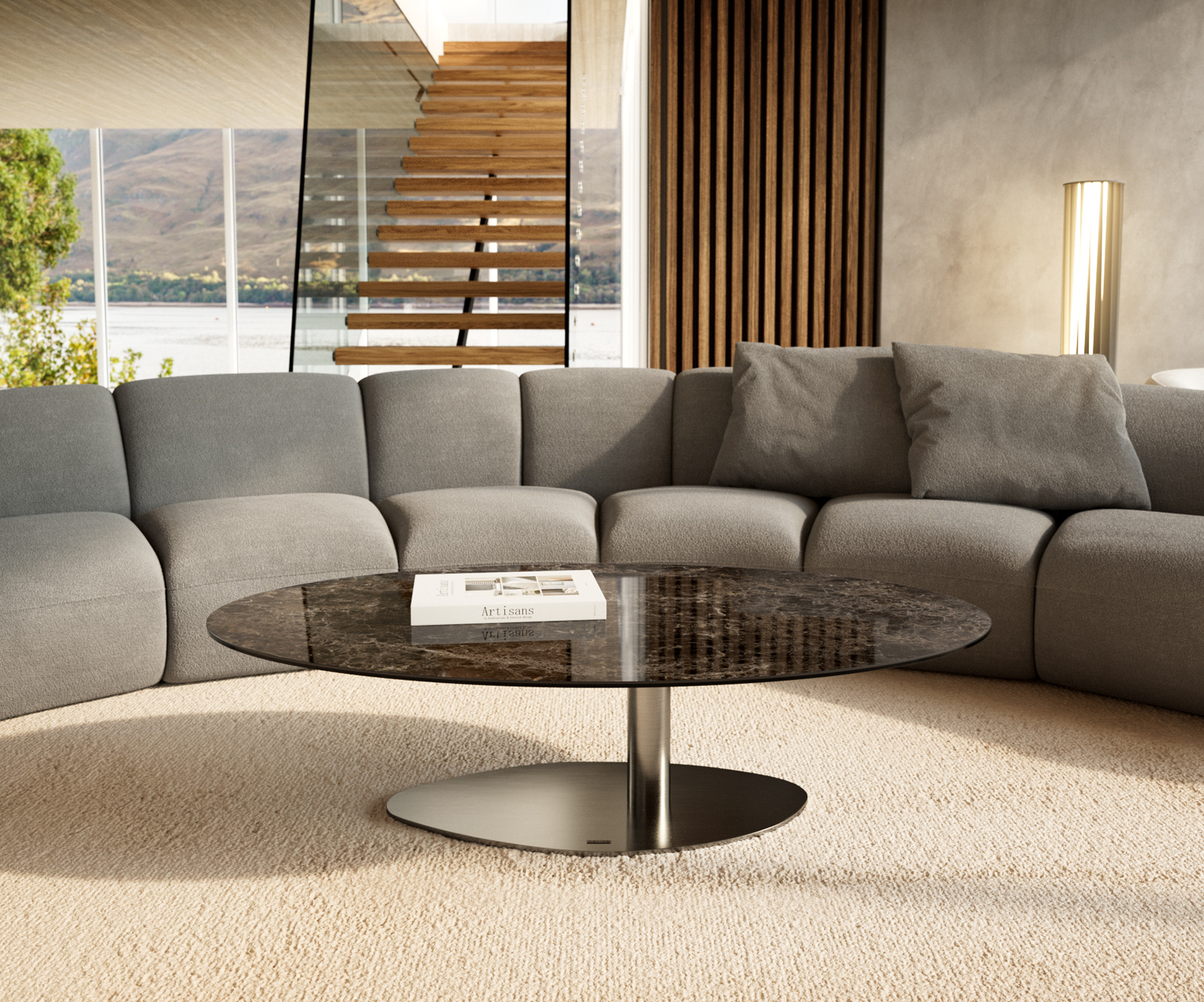 Dohányzóasztal Edge ovális 140x80 cm kerámia Laminam® Emperador extra fényes sötétbarna Vibany rozsdamentes acél szálcsiszolt - Image 2