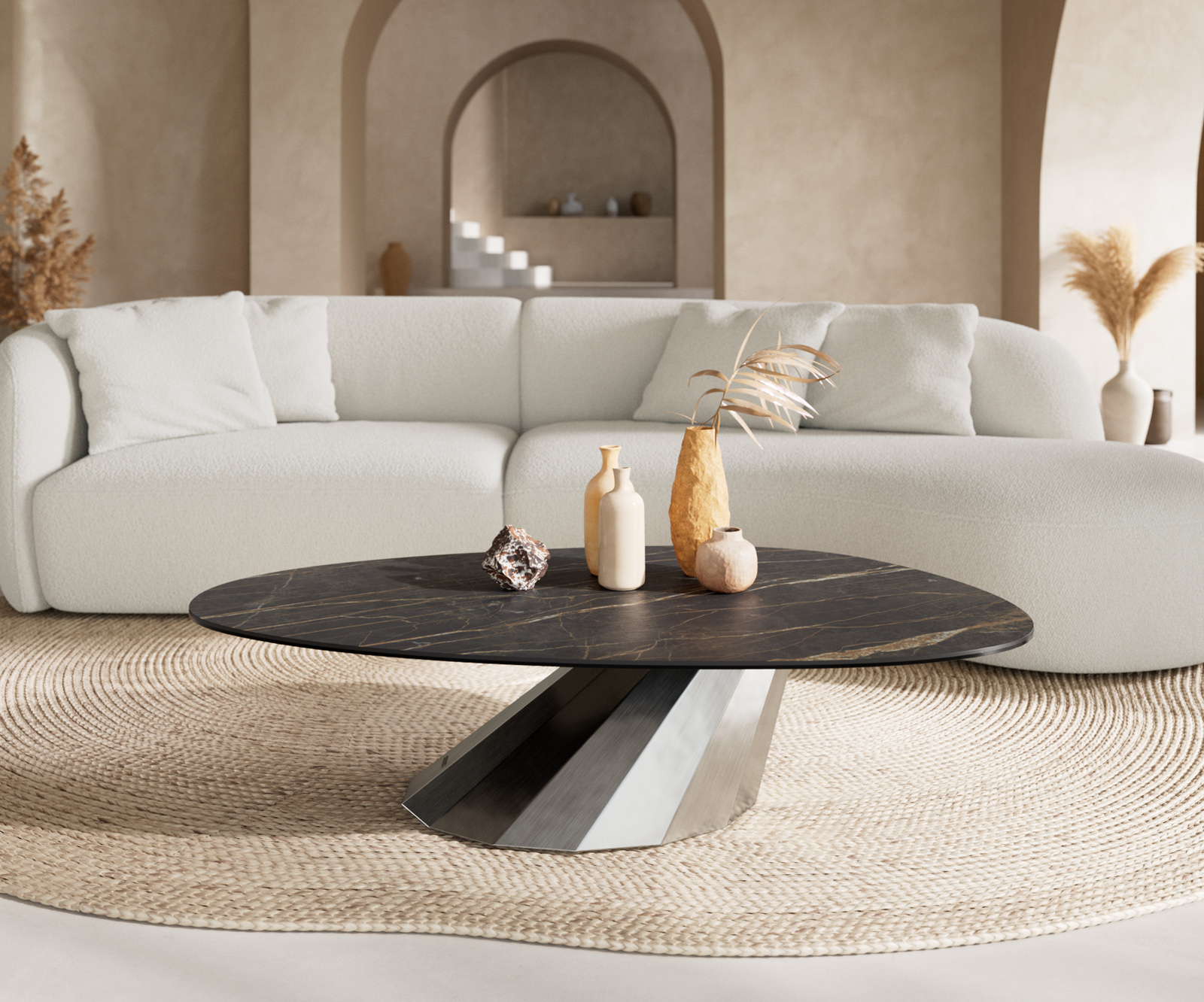 Dohányzóasztal Edge ovális 140x75 cm Laminam® kerámia Noir Desir barna rozsdamentes acél szálcsiszolt - Image 2