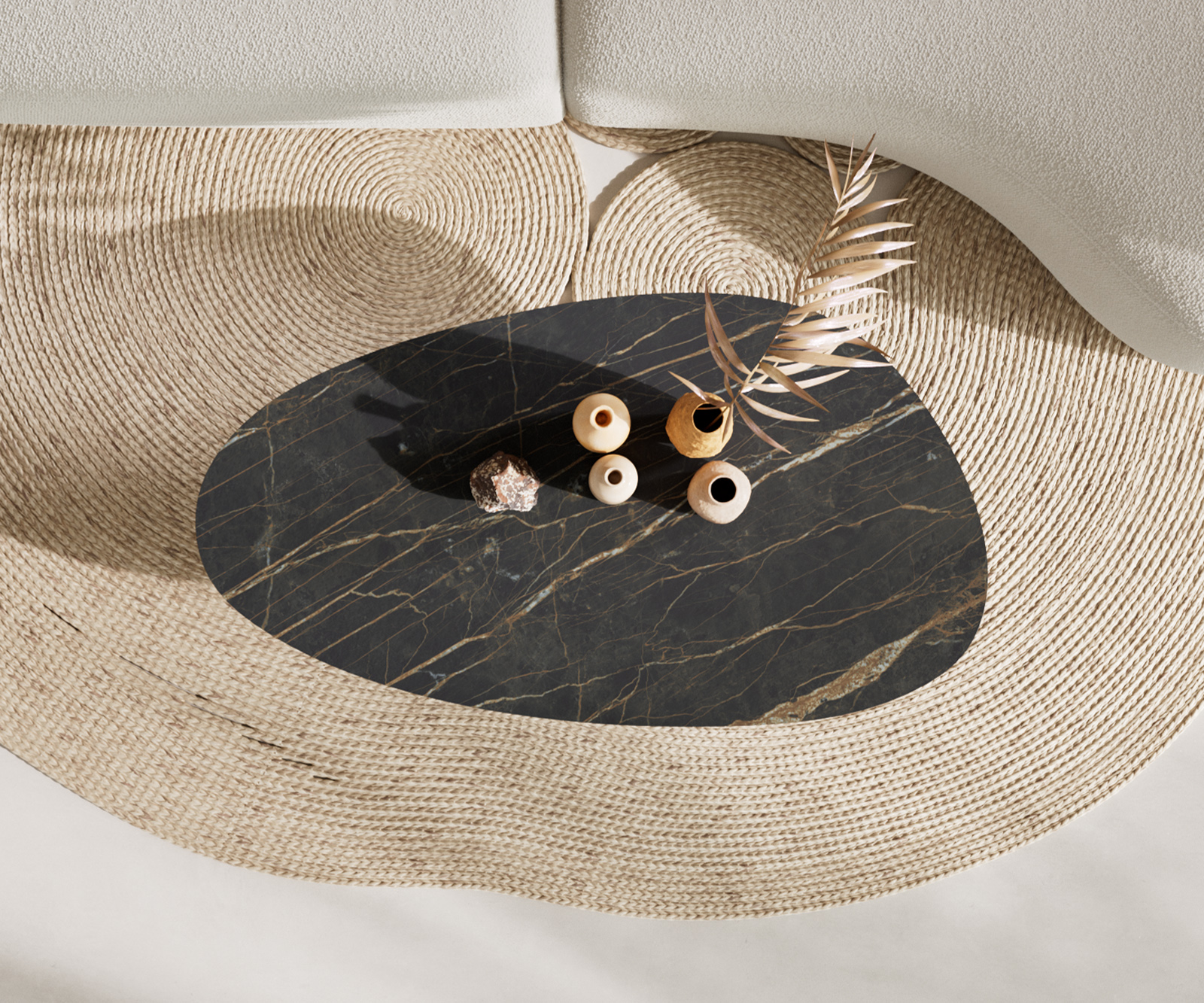 Dohányzóasztal Edge ovális 140x75 cm Laminam® kerámia noir desir barna conis szálcsiszolt rozsdamentes acél - Image 6