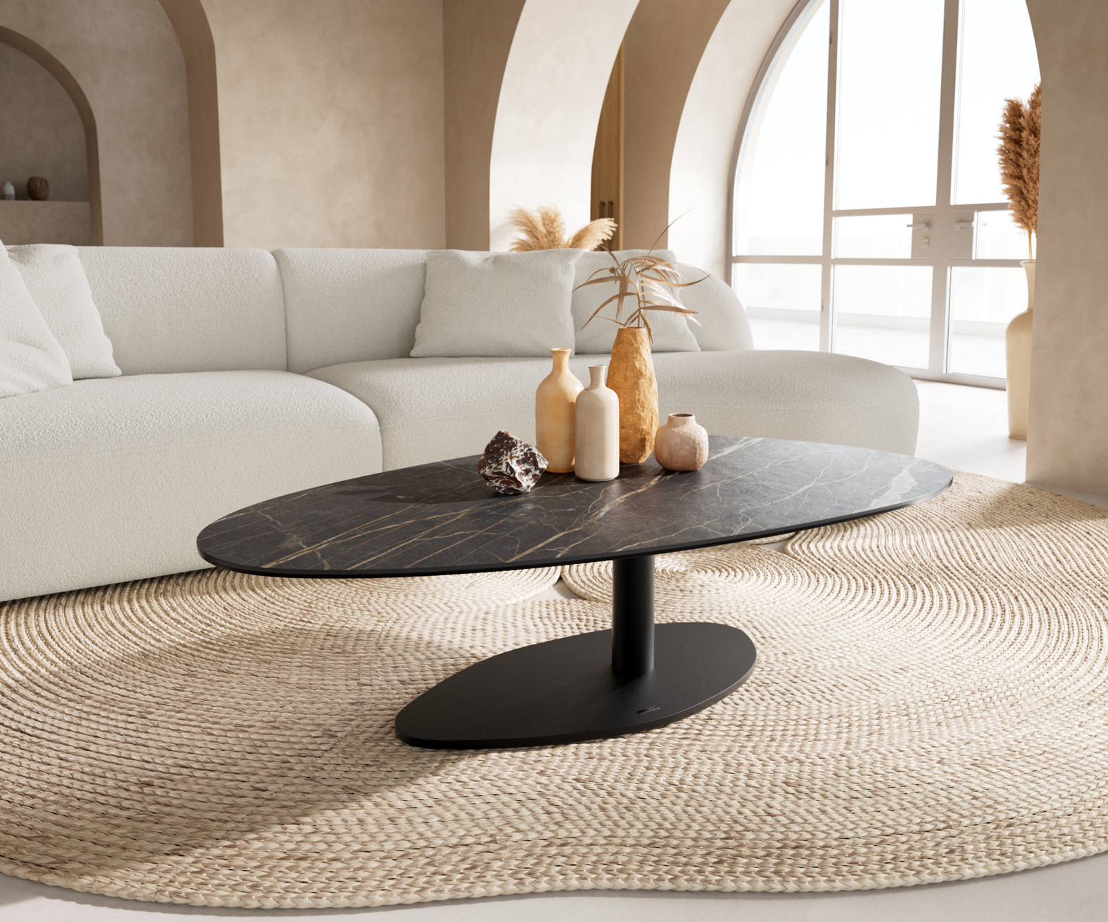 Dohányzóasztal Edge ovális 140x75 cm Laminam® kerámia Noir Desir barna Vibany fém fekete
