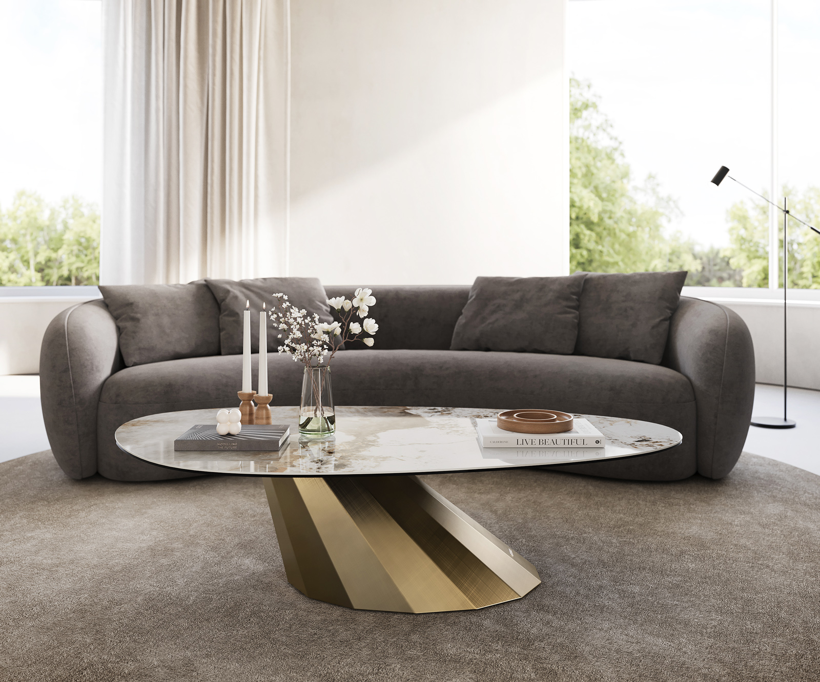 Dohányzóasztal Edge ovális 140x75 cm kerámia Minas melange Parabi metál arany - Image 2