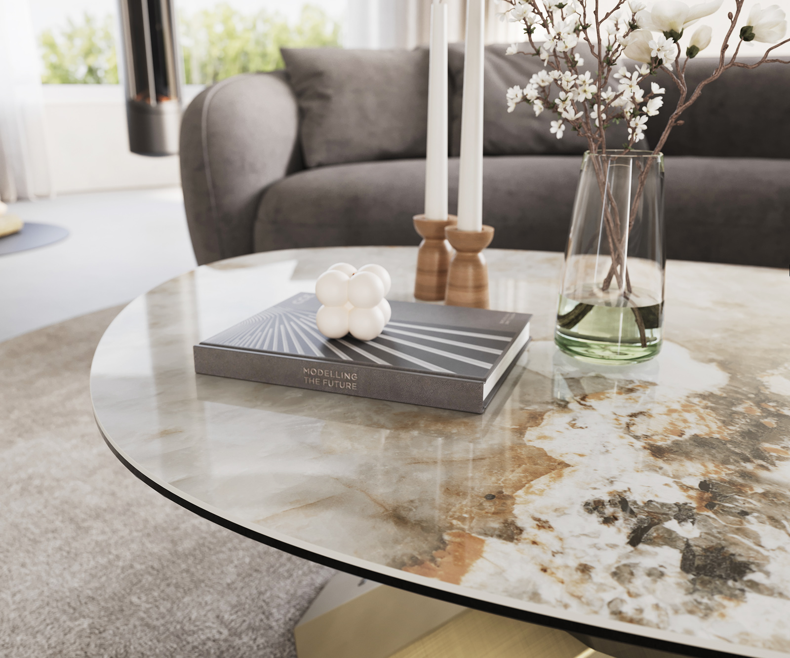 Dohányzóasztal Edge ovális 140x75 cm kerámia Minas melange Parabi metál arany - Image 6