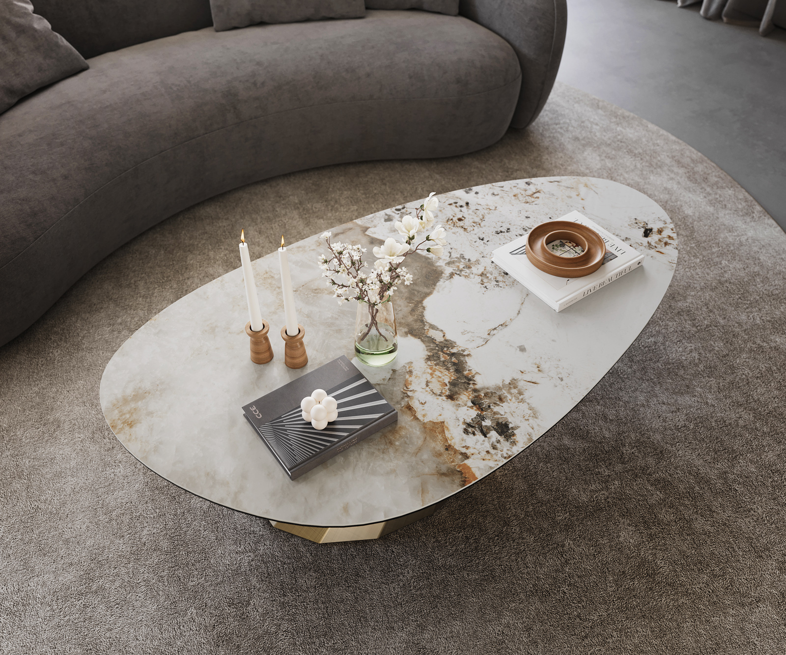 Dohányzóasztal Edge ovális 140x75 cm kerámia Minas melange Parabi metál arany - Image 4