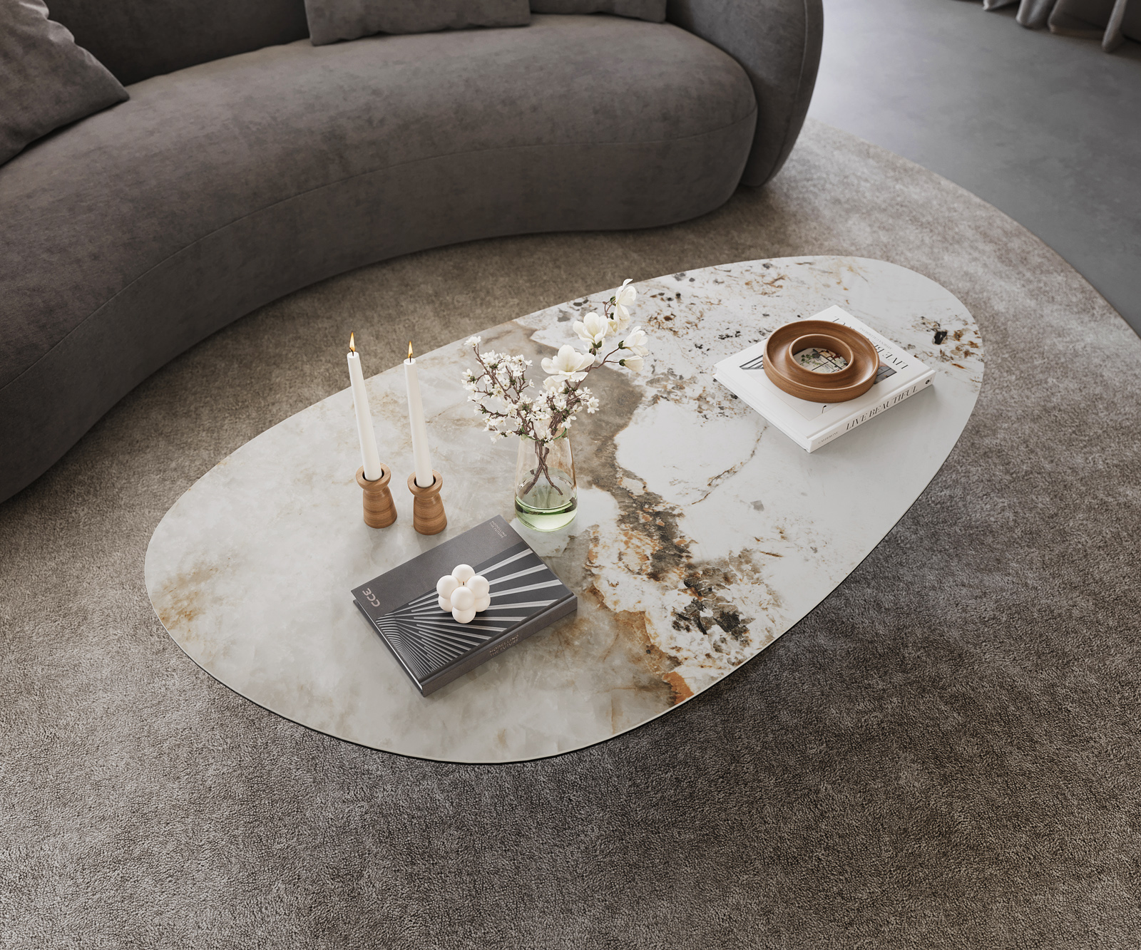 Dohányzóasztal Edge ovális 140x75 cm kerámia Minas Melange Vibany fém titán színű effektfinish - Image 4