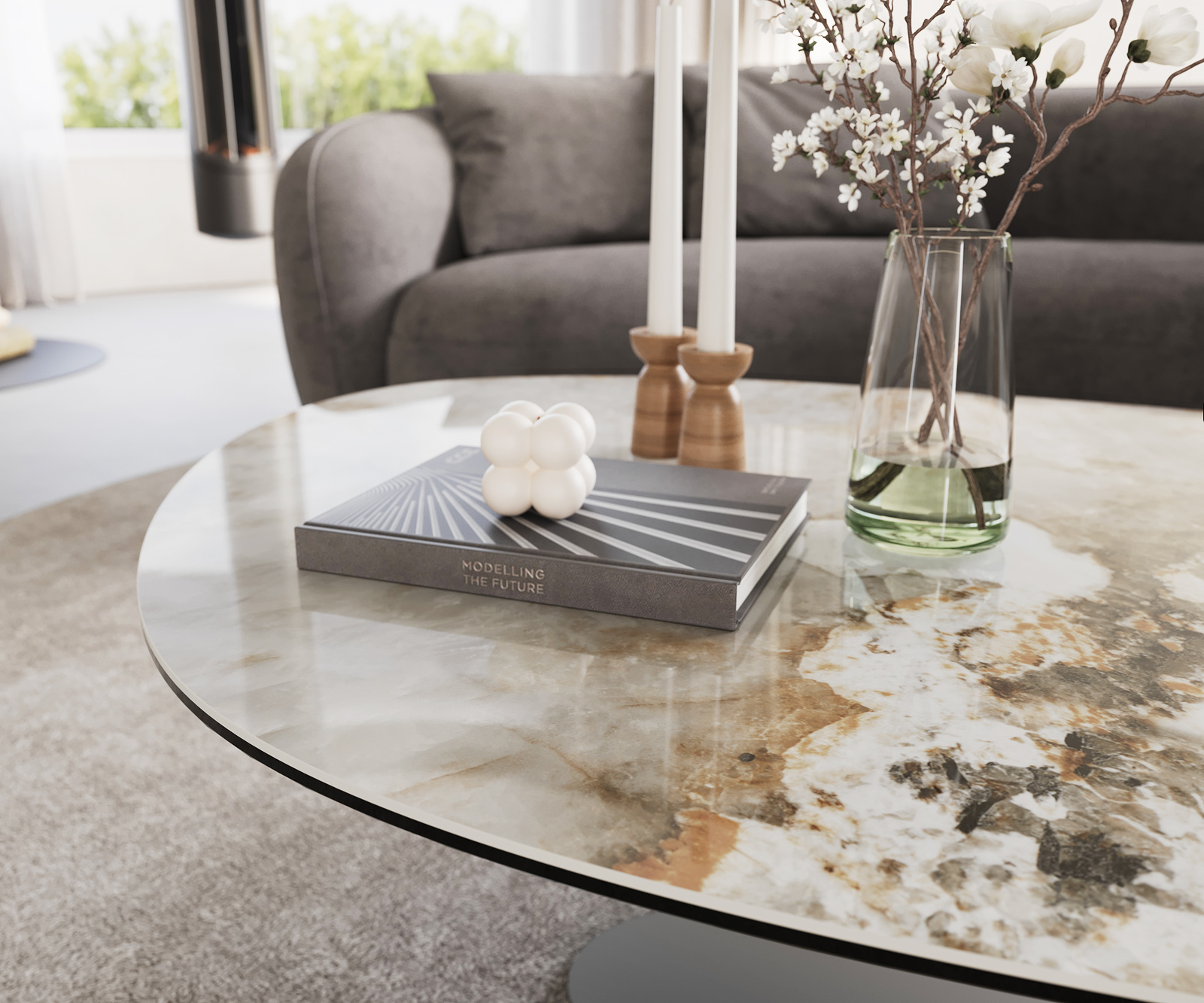 Dohányzóasztal Edge ovális 140x75 cm kerámia Minas Melange Vibany fém titán színű effektfinish - Image 6