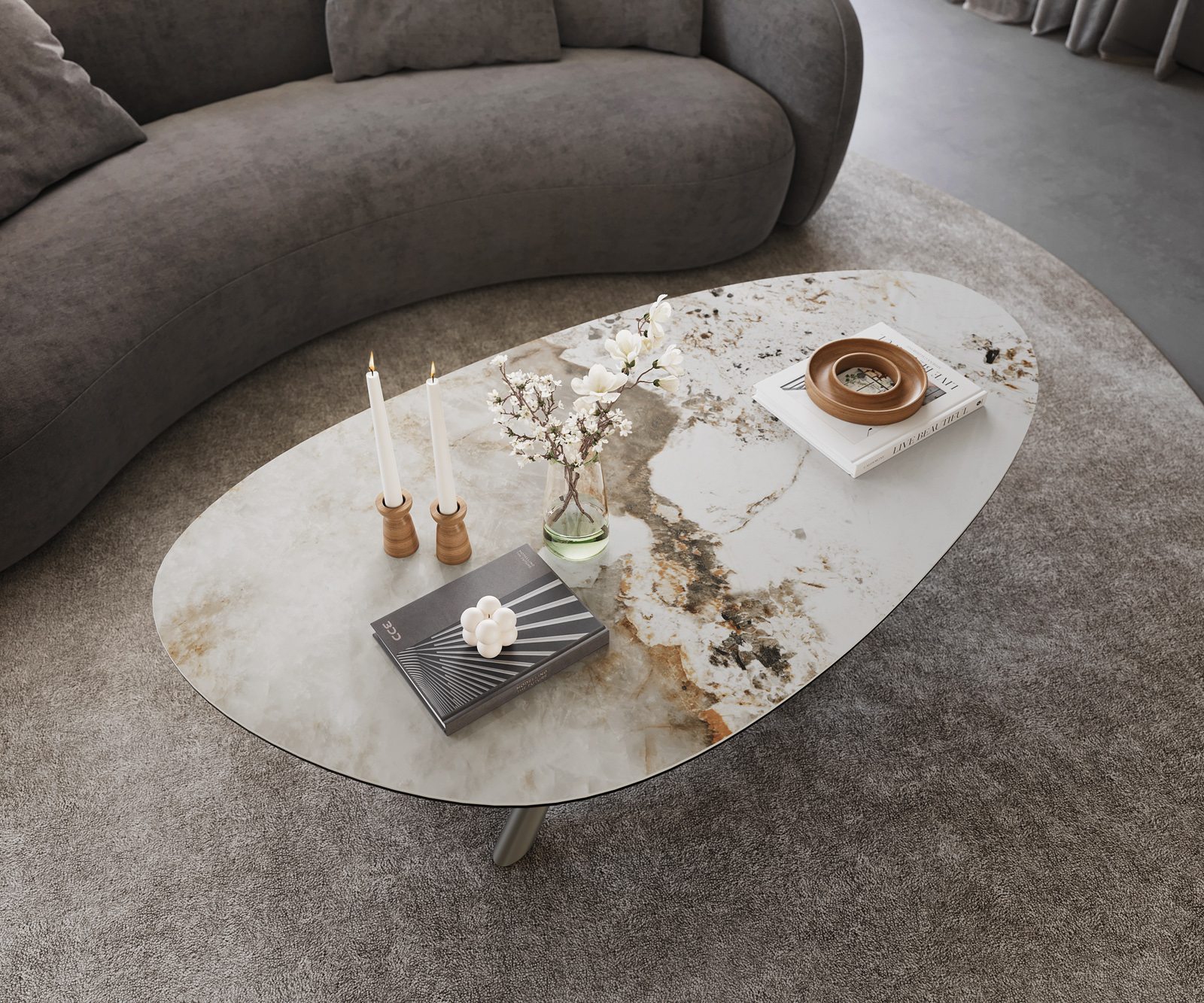 Dohányzóasztal Edge ovális 140x75 cm kerámia Minas Melange Sarity fém titán színű effektfinish - Image 4