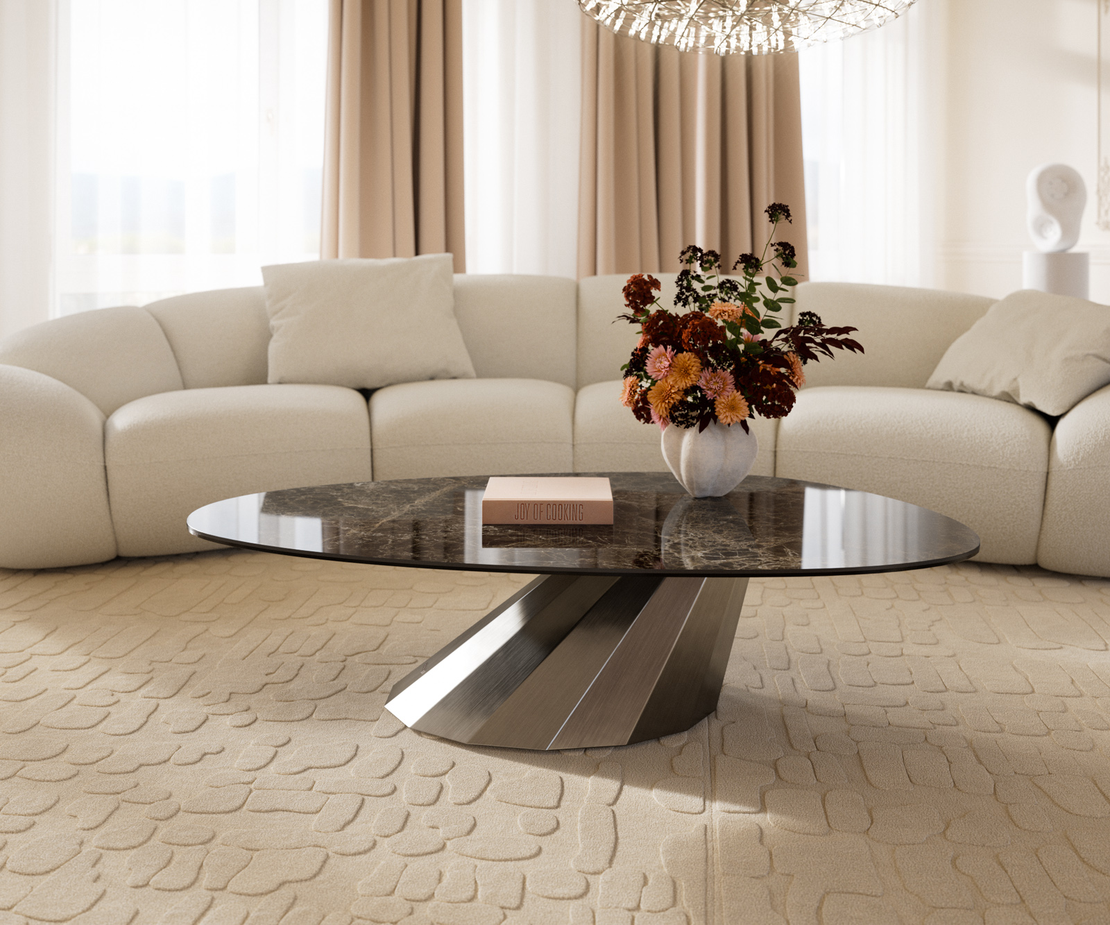 Dohányzóasztal Edge ovális 140x75 cm kerámia Laminam® Emperador extra lucido sötétbarna Parabi rozsdamentes acél szálcsiszolt - Image 2