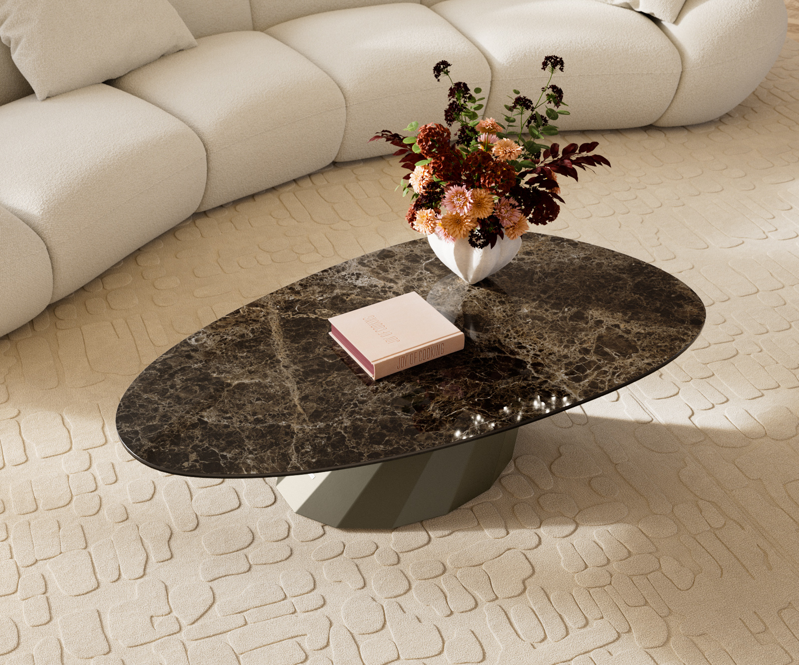 Dohányzóasztal Edge ovális 140x75 cm kerámia Laminam® Emperador Extra Lucidato sötétbarna Parabi fém titán effektfinish - Image 4