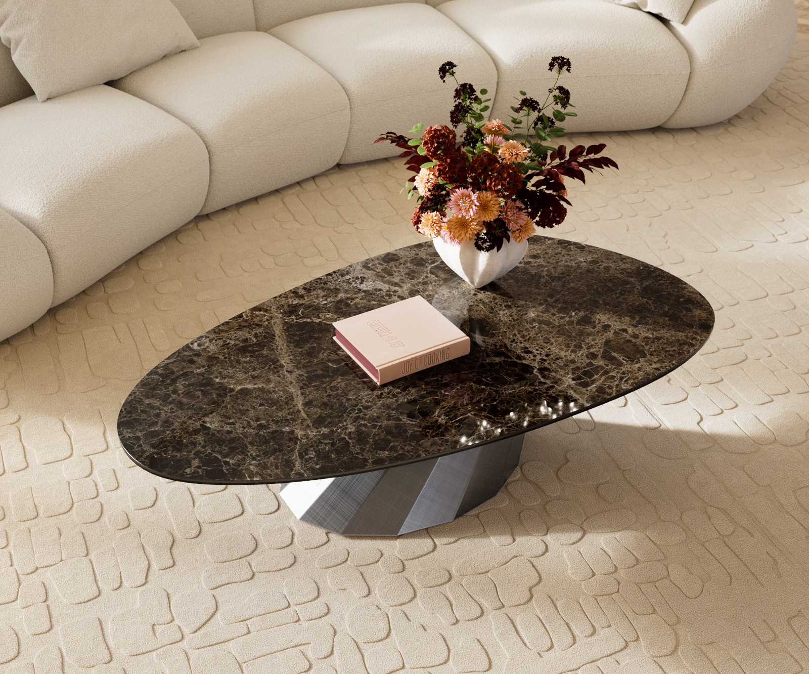 Dohányzóasztal Edge ovális 140x75 cm kerámia Laminam® Emperador Extra Lucidato sötétbarna Parabi metál ezüst - Image 4