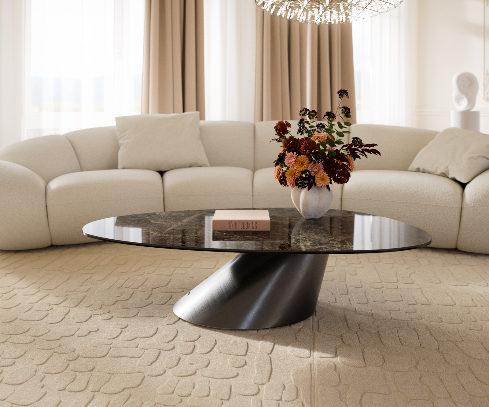 Dohányzóasztal Edge ovális 140x75 cm kerámia Laminam® Emperador extra fényes sötétbarna kúpos metál ezüst - Image 2