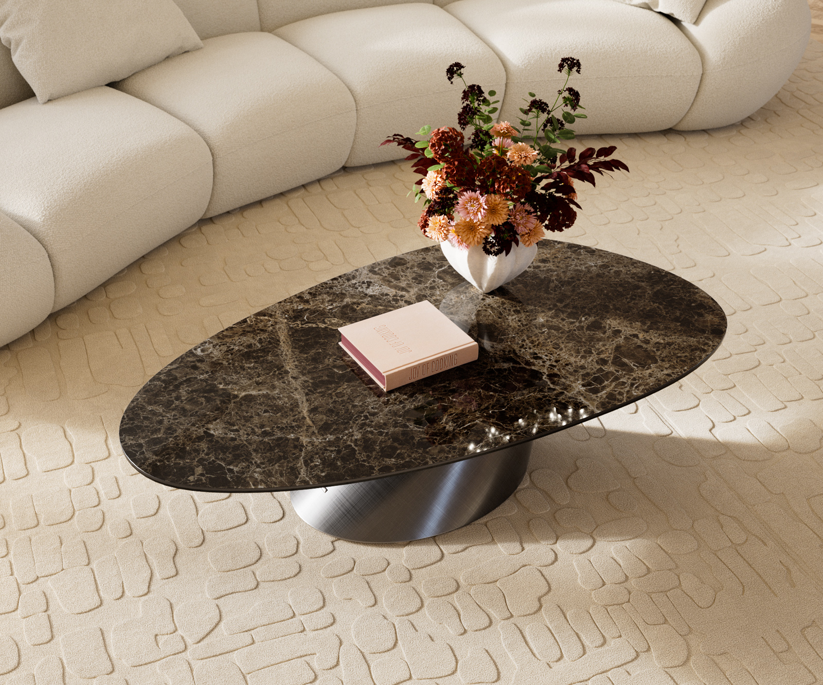 Dohányzóasztal Edge ovális 140x75 cm kerámia Laminam® Emperador extra fényes sötétbarna kúpos metál ezüst - Image 4