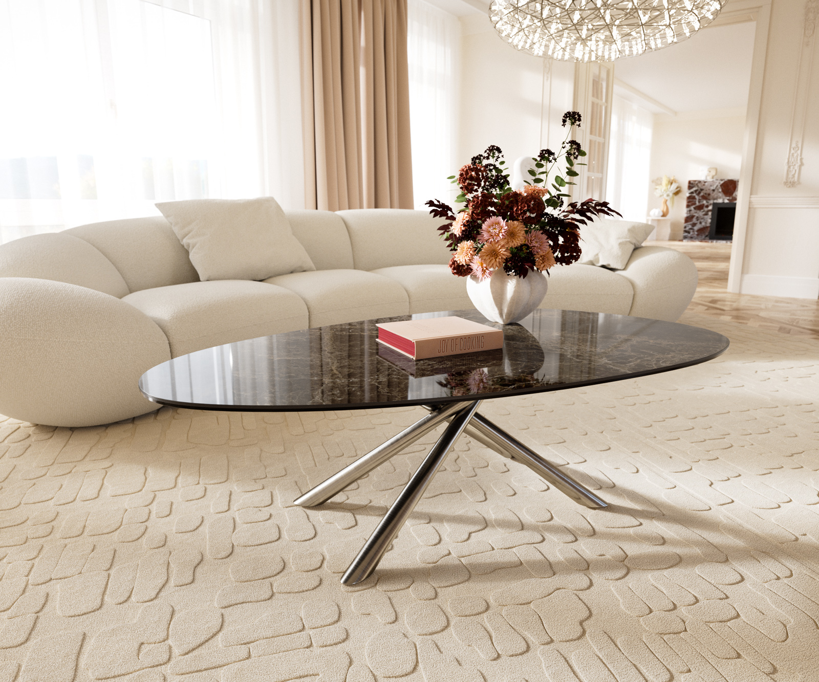 Dohányzóasztal Edge ovális 140x75 cm kerámia Laminam® Emperador Extra Lucidato sötétbarna Sarity rozsdamentes acél szálcsiszolt