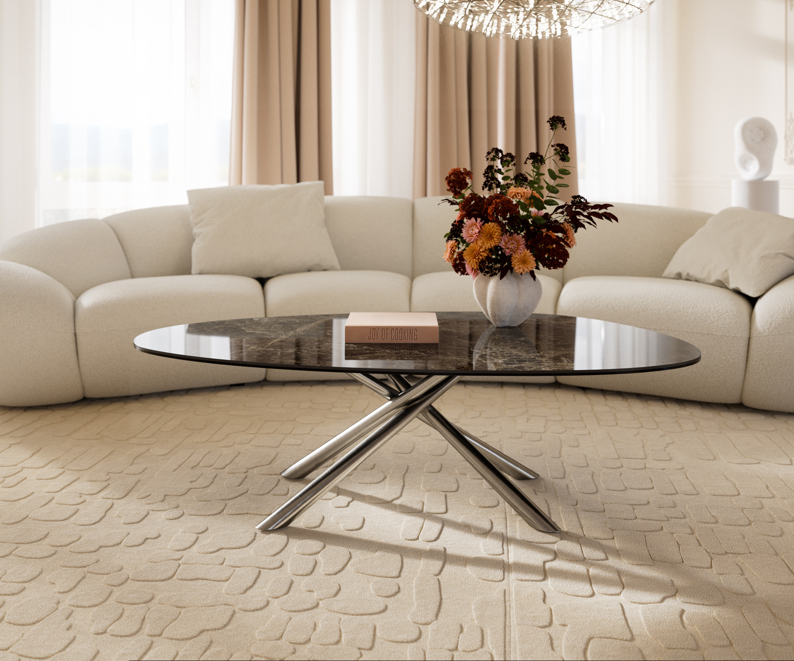 Dohányzóasztal Edge ovális 140x75 cm kerámia Laminam® Emperador Extra Lucidato sötétbarna Sarity rozsdamentes acél szálcsiszolt - Image 2