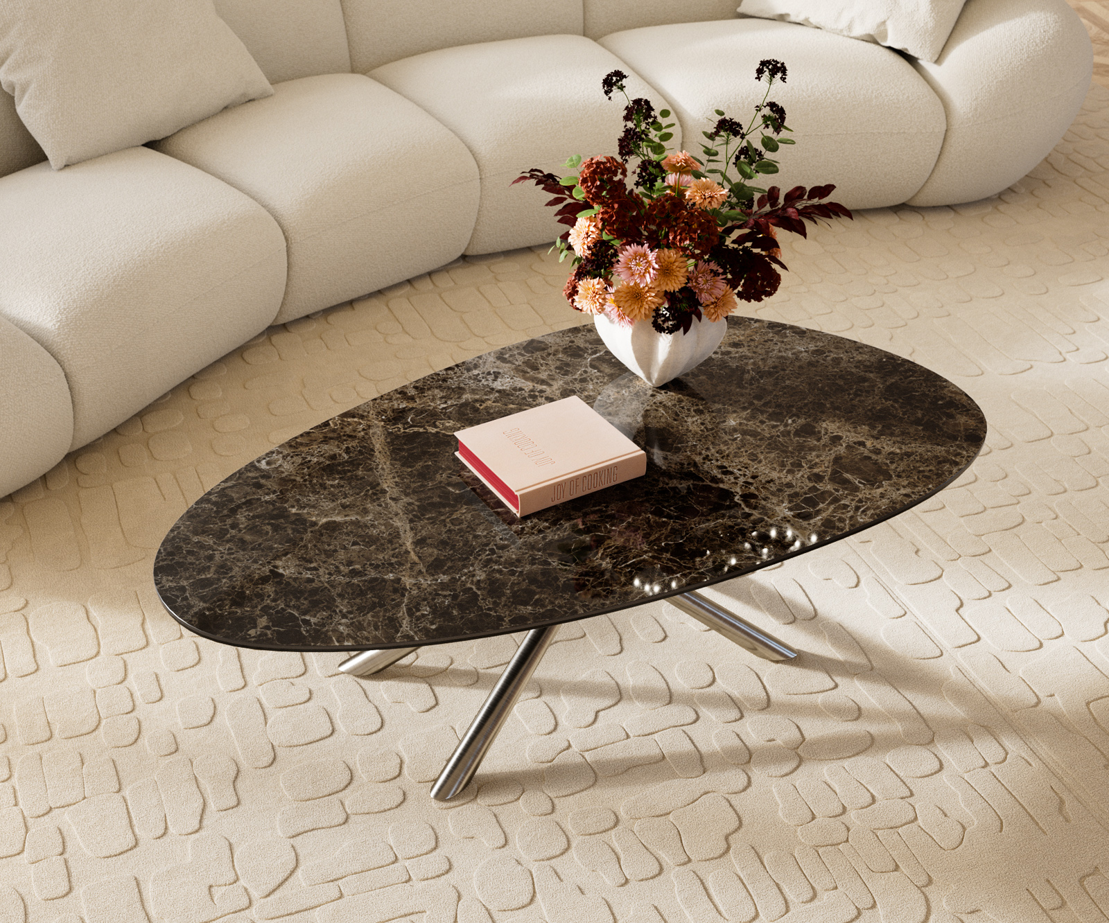 Dohányzóasztal Edge ovális 140x75 cm kerámia Laminam® Emperador Extra Lucidato sötétbarna Sarity rozsdamentes acél szálcsiszolt - Image 4