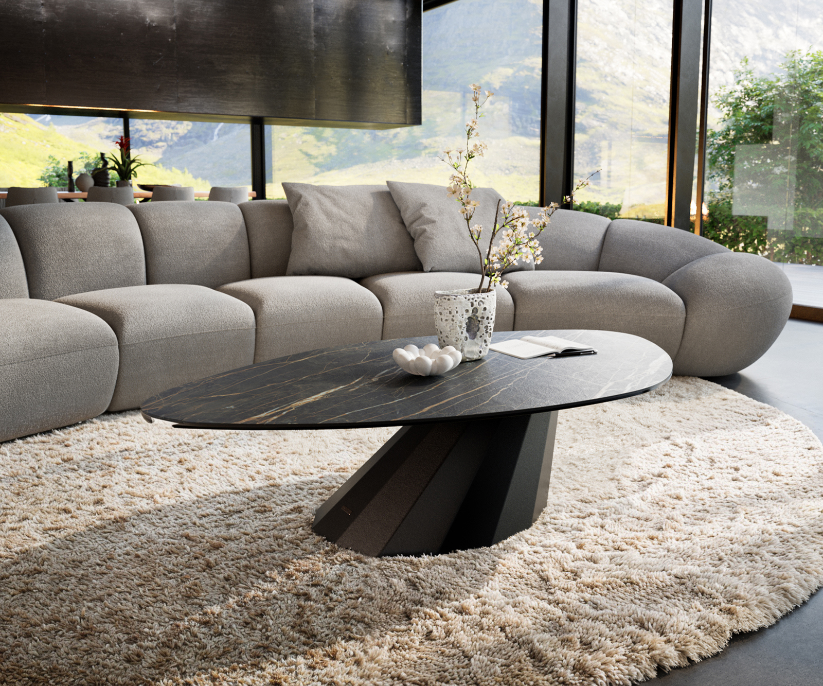 Dohányzóasztal Edge organikus 140x76 cm Laminam® kerámia Noir Desir barna Parabi fém fekete