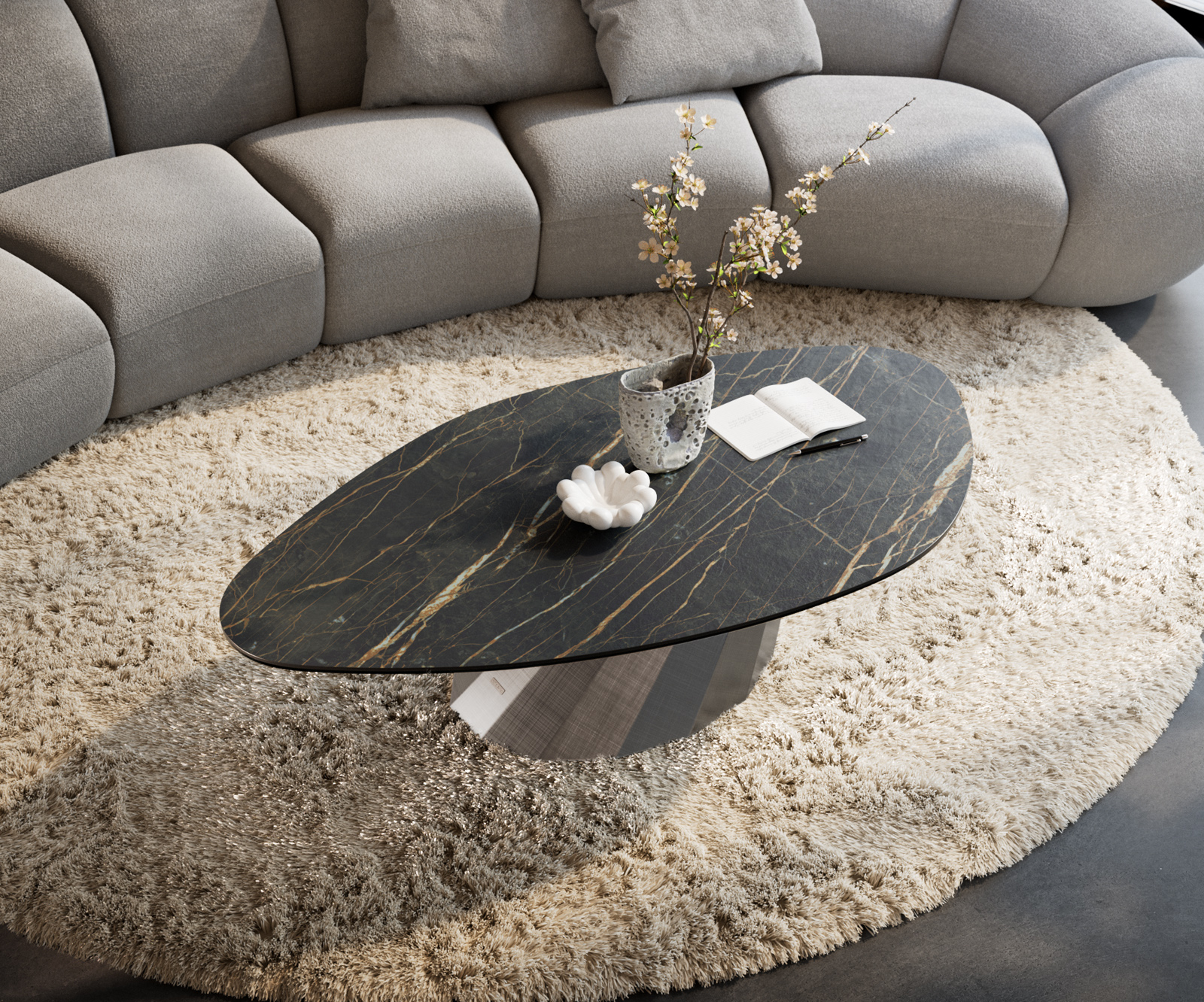 Dohányzóasztal Edge organikus 140x76 cm Laminam® kerámia Noir Desir barna Parabi metál ezüst - Image 4