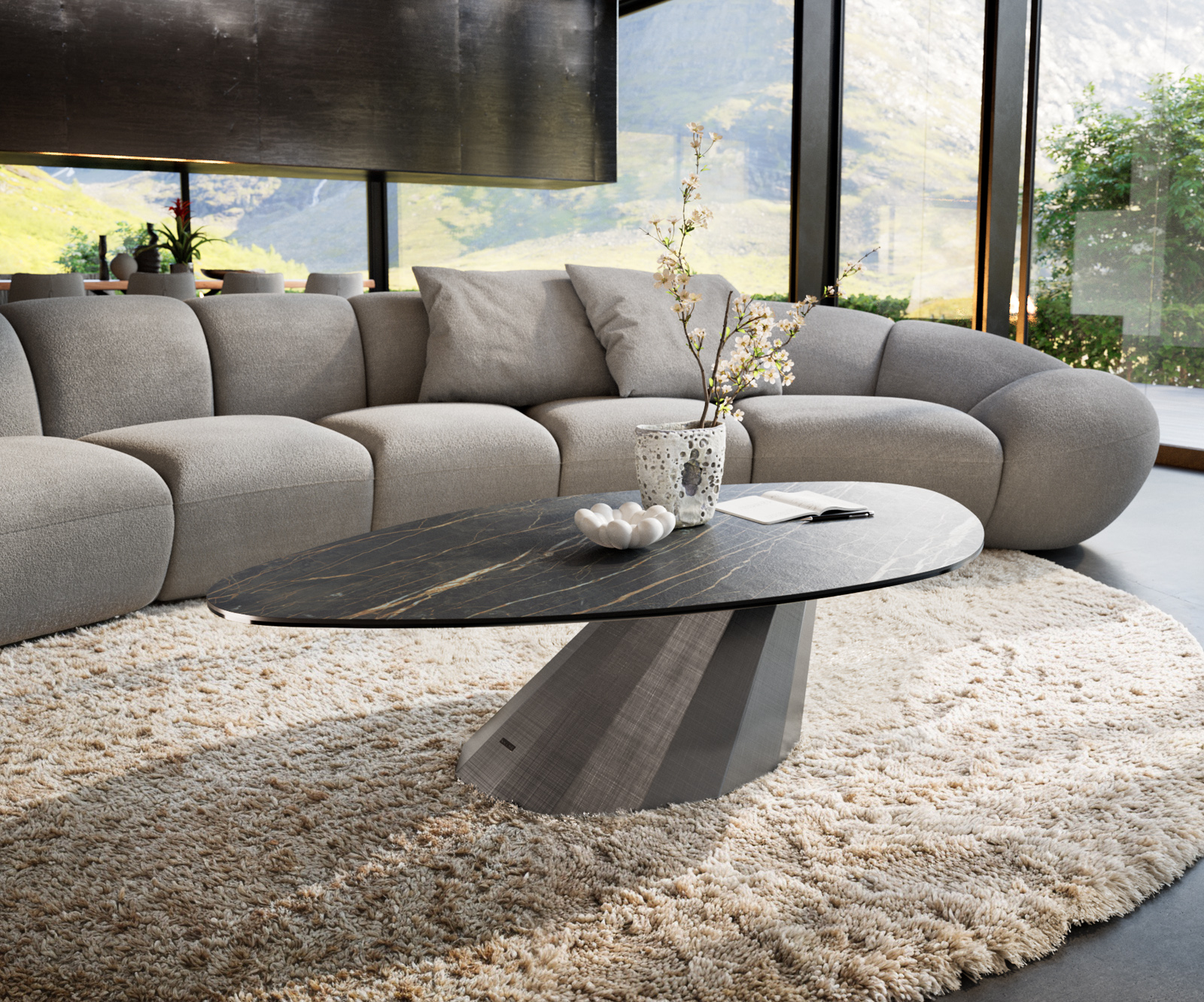 Dohányzóasztal Edge organikus 140x76 cm Laminam® kerámia Noir Desir barna Parabi metál ezüst