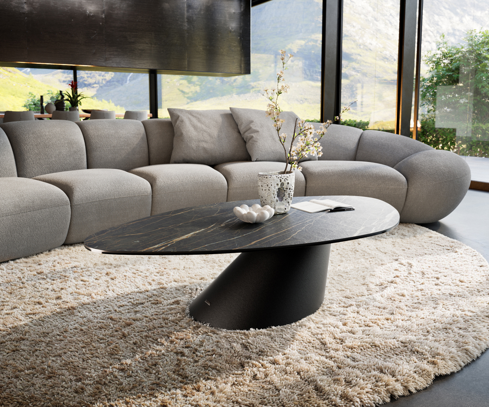 Dohányzóasztal Edge organikus 140x76 cm Laminam® kerámia Noir Desir barna Conis fém fekete