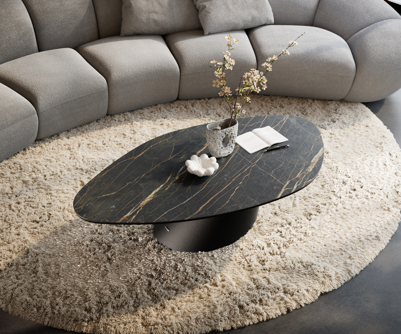 Dohányzóasztal Edge organikus 140x76 cm Laminam® kerámia Noir Desir barna Conis fém fekete - Image 4