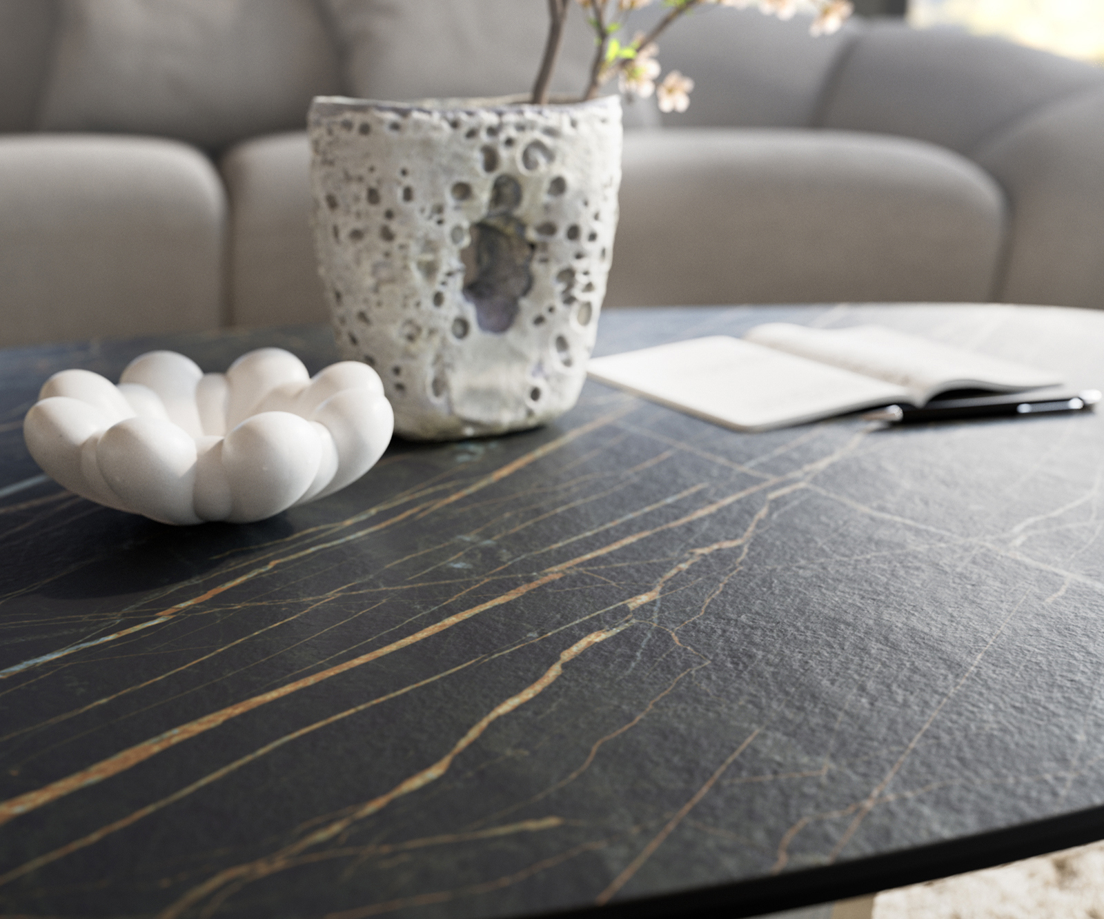 Dohányzóasztal Edge organikus 140x76 cm Laminam® kerámia Noir Desir barna Conis fém fekete - Image 7