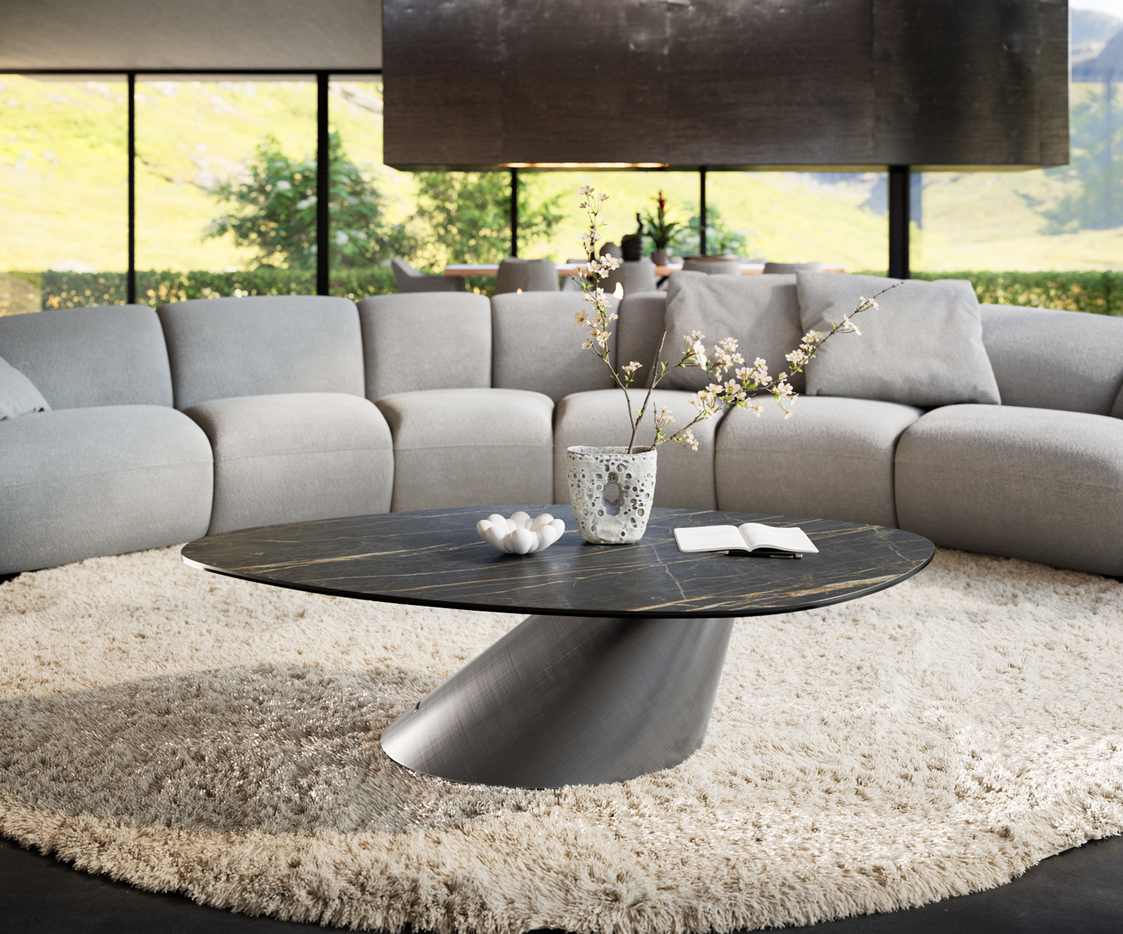 Dohányzóasztal Edge organikus 140x76 cm Laminam® kerámia Noir Desir barna Conis metál ezüst - Image 2