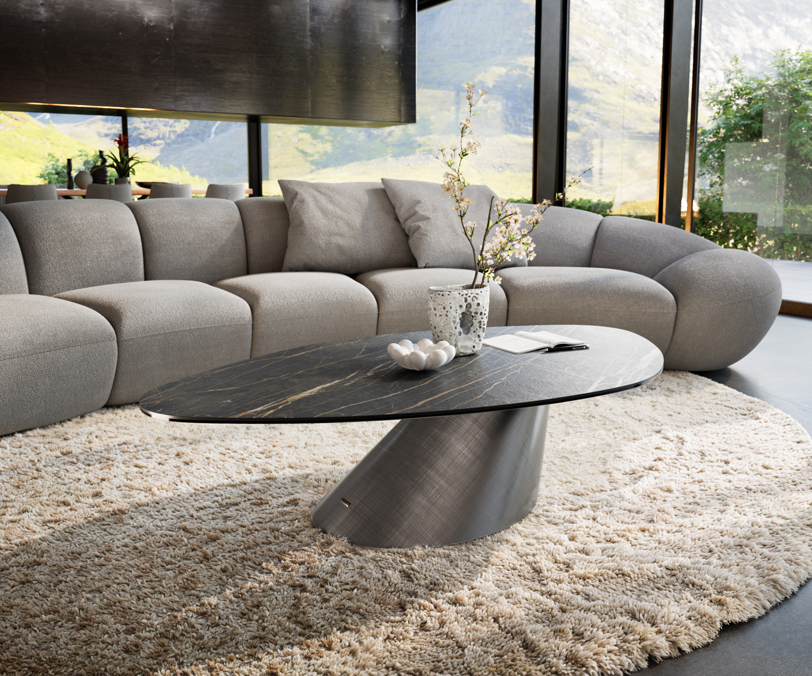 Dohányzóasztal Edge organikus 140x76 cm Laminam® kerámia Noir Desir barna Conis metál ezüst