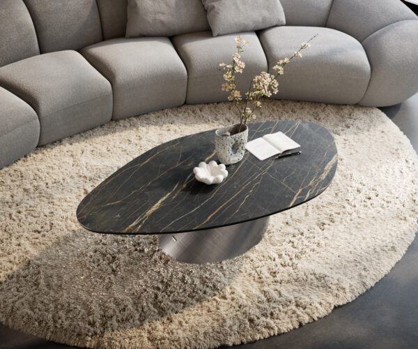 Dohányzóasztal Edge organikus 140x76 cm Laminam® kerámia Noir Desir barna Conis metál ezüst - Image 4