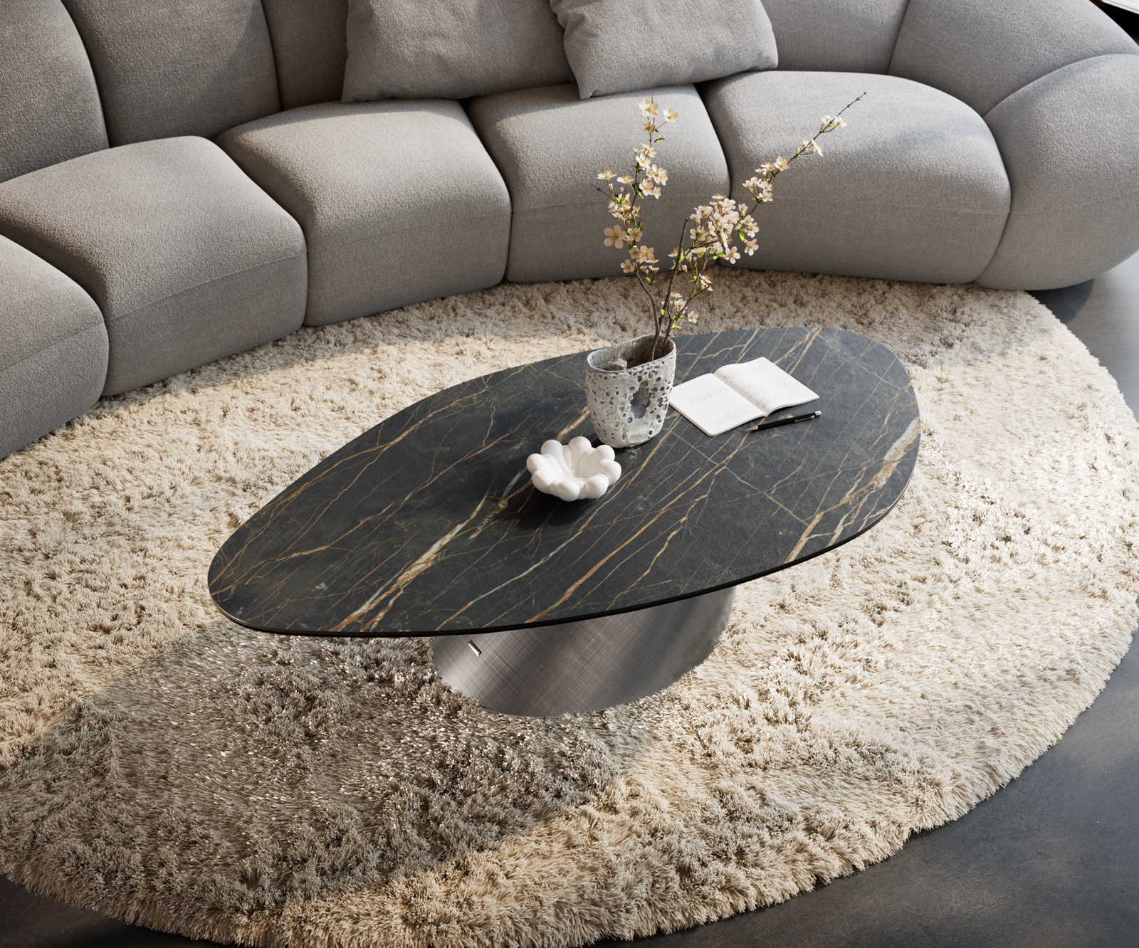 Dohányzóasztal Edge organikus 140x76 cm Laminam® kerámia Noir Desir barna Conis metál ezüst - Image 4