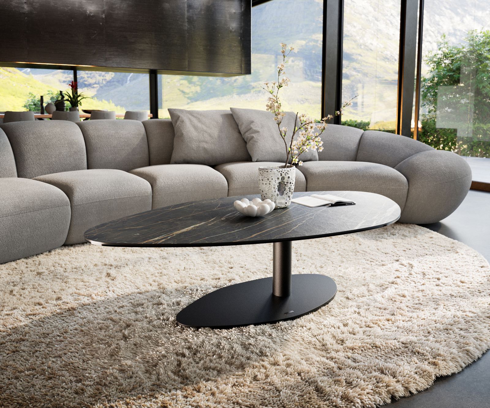 Dohányzóasztal Edge organikus 140x76 cm Laminam® kerámia Noir Desir barna Vibany fém fekete