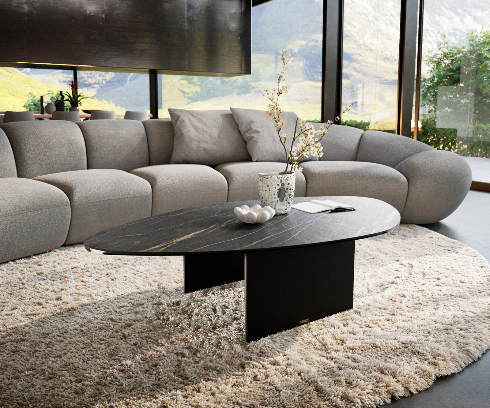 Dohányzóasztal Edge organikus 140x76 cm Laminam® kerámia Noir Desir barna Salto fém fekete