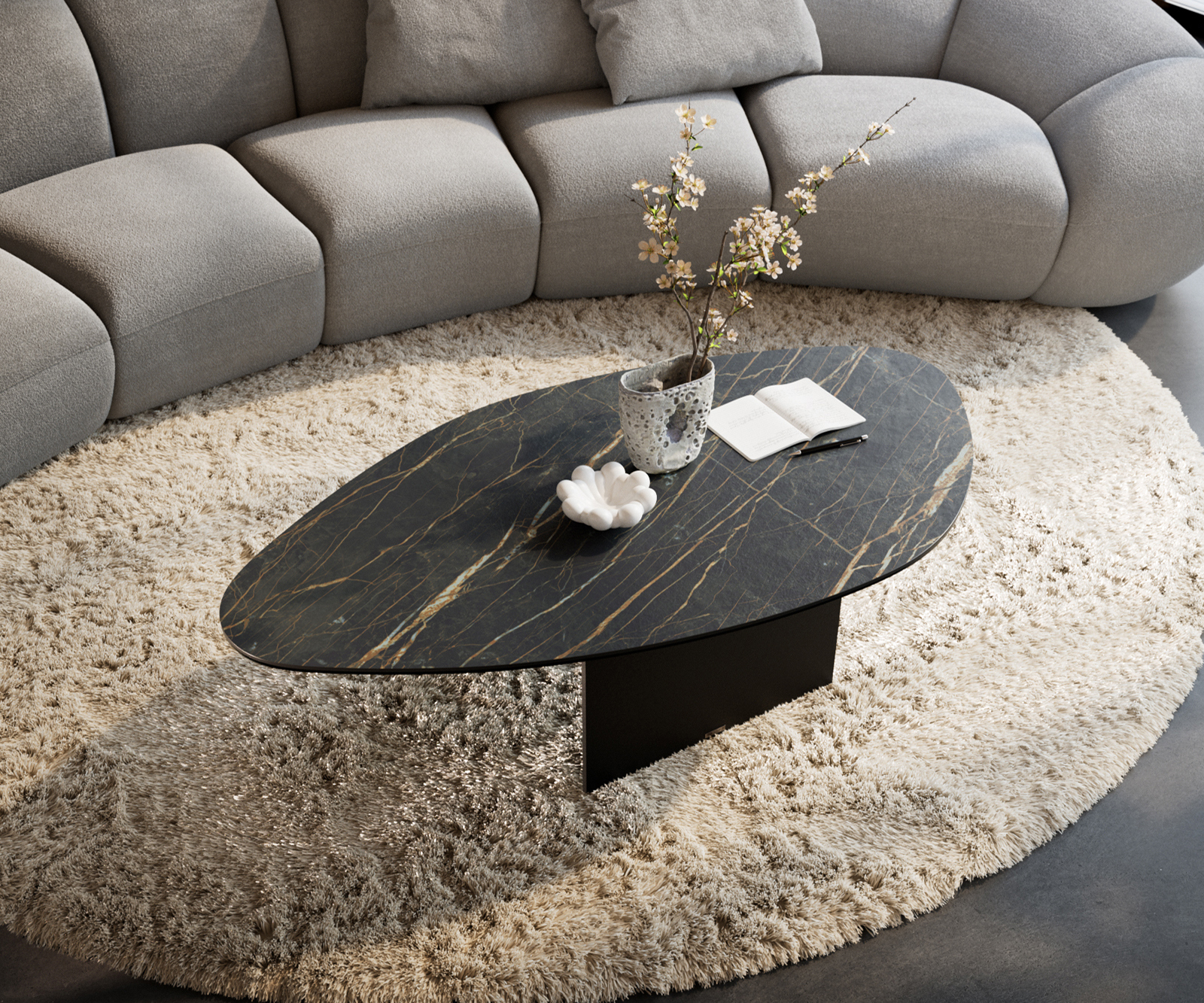 Dohányzóasztal Edge organikus 140x76 cm Laminam® kerámia Noir Desir barna Salto fém fekete - Image 4