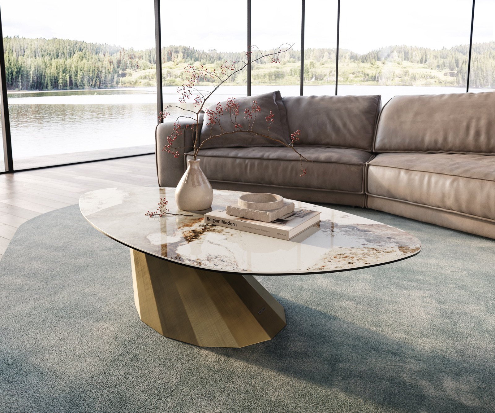 Dohányzóasztal Edge organikus 140x76 cm kerámia Minas melange Parabi metál arany - Image 2