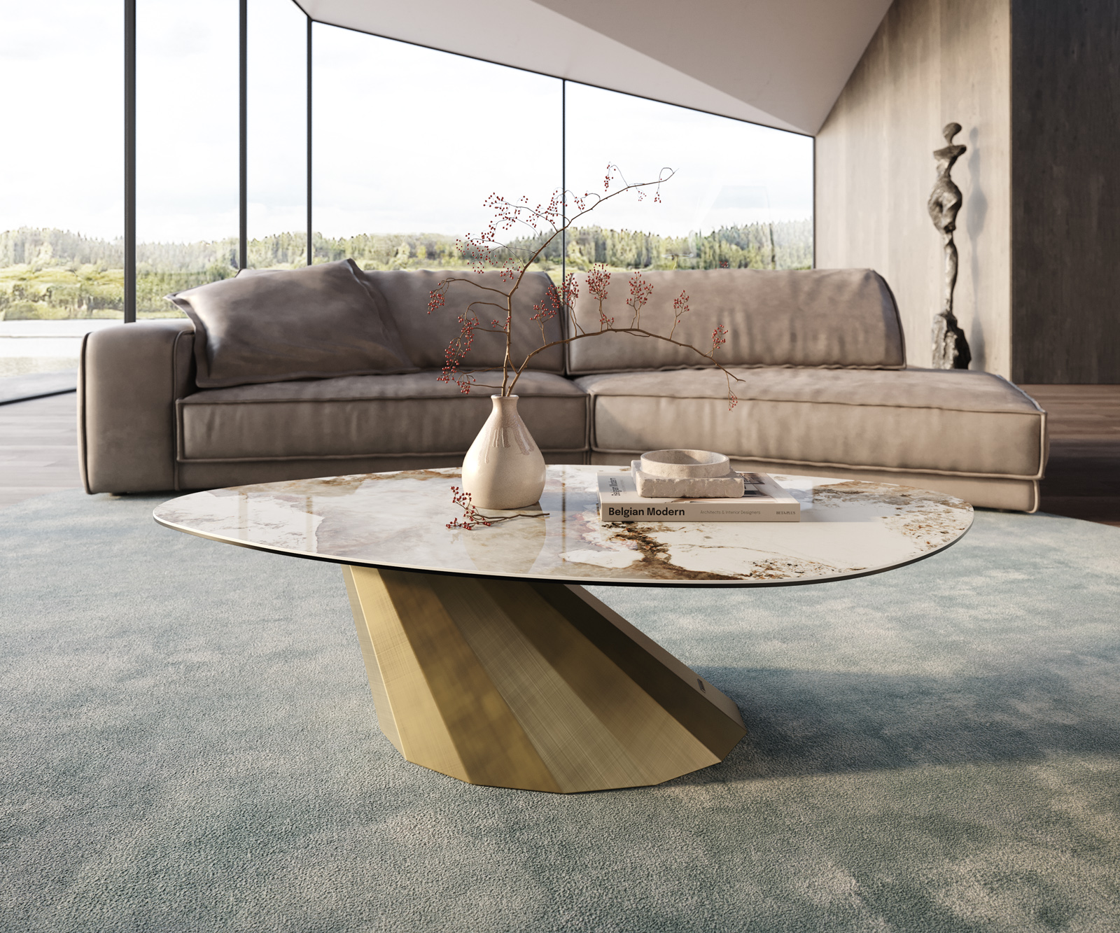 Dohányzóasztal Edge organikus 140x76 cm kerámia Minas melange Parabi metál arany