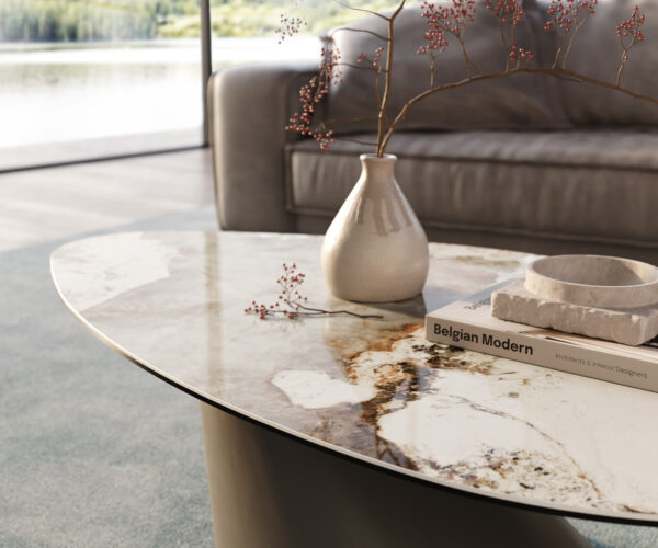 Dohányzóasztal Edge organikus 140x76 cm kerámia Minas melange Conis fém titán színű effektfinish - Image 6