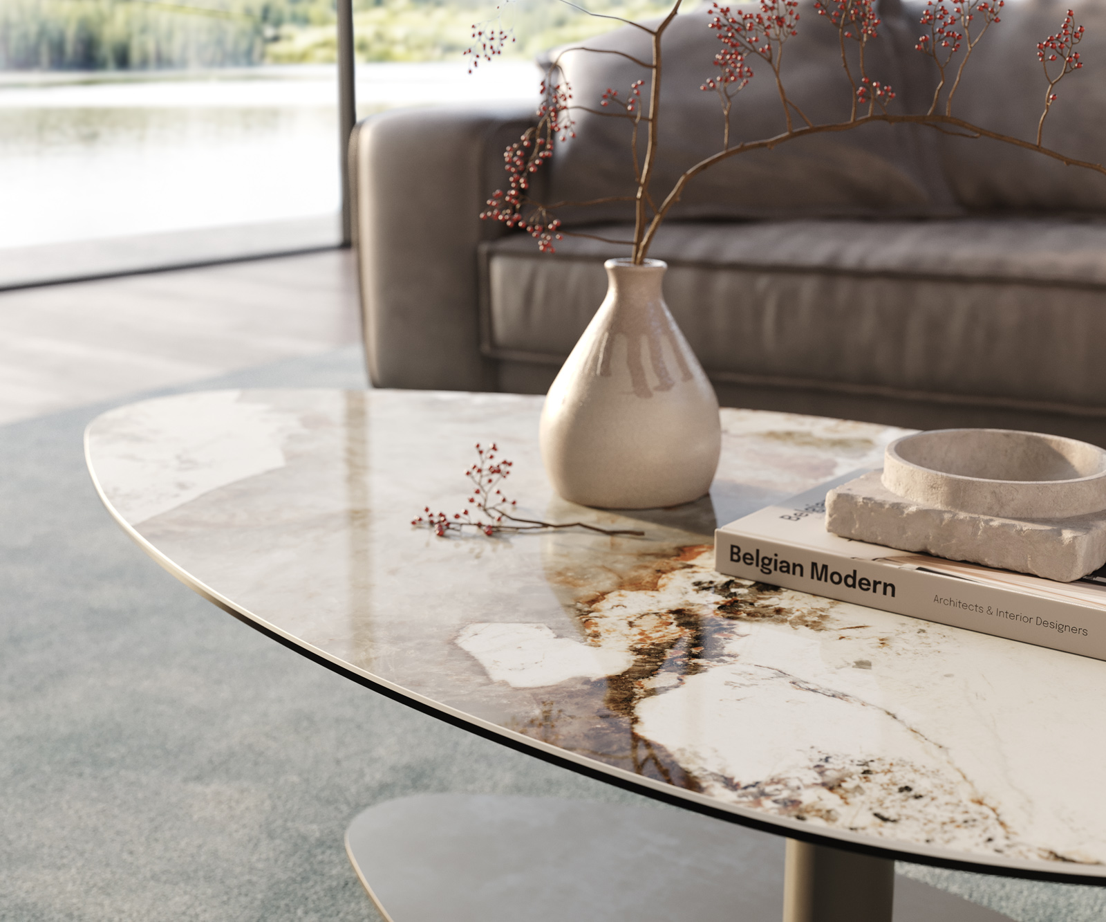 Dohányzóasztal Edge organikus 140x76 cm kerámia Minas melange Vibany fém effektfinish titán - Image 6