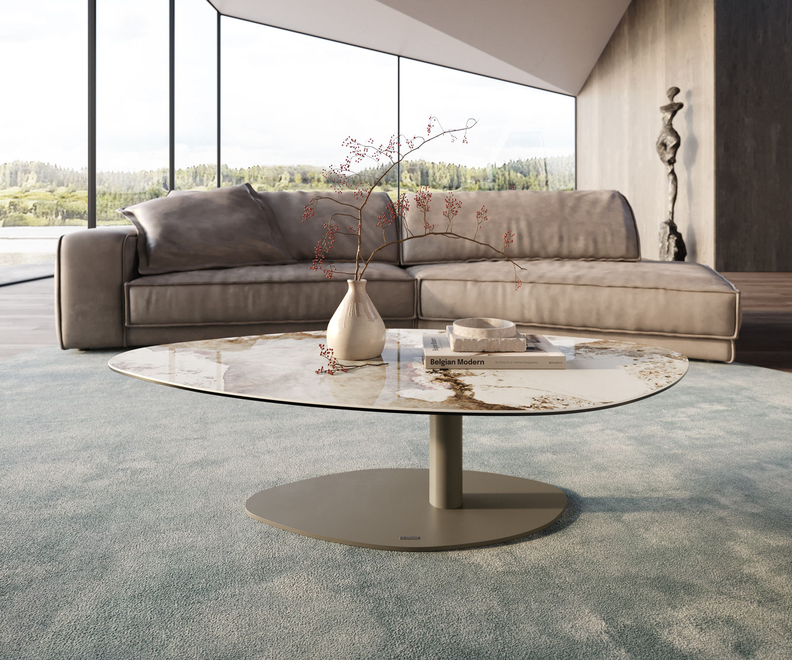 Dohányzóasztal Edge organikus 140x76 cm kerámia Minas melange Vibany fém effektfinish titán